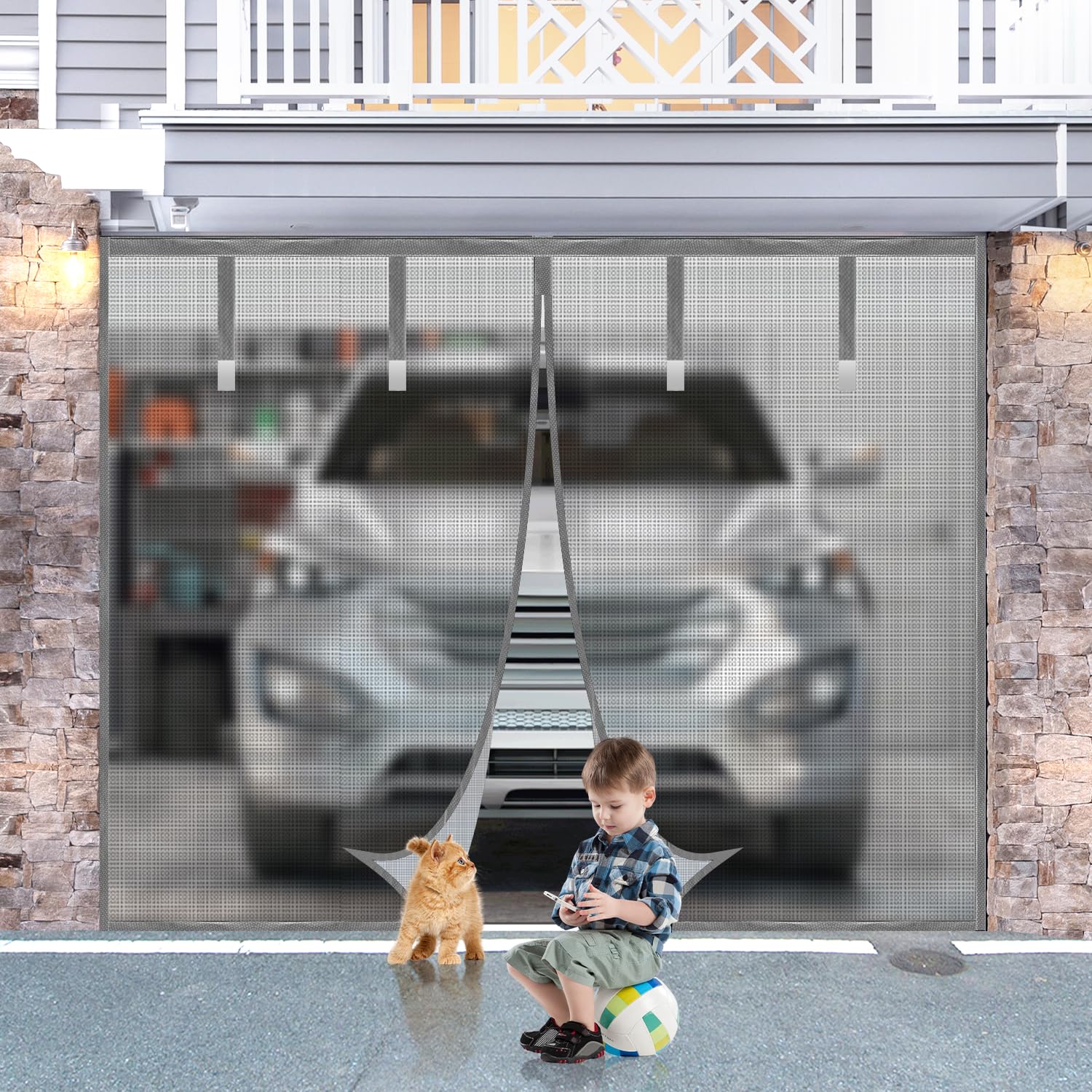 Garage Door Curtain 7x8ft Magnetic Heavy Duty with 4 Strapping Ties Durable Breathable Tear Resistant Mesh for Patio Porch Privacy Screen (Silver)-image-1