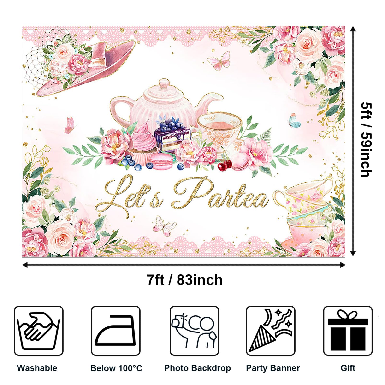 Tea Party Backdrop – Pink Floral 'Let's Partea' Banner For Baby Showers, Birthdays & Weddings, 7x5 Ft