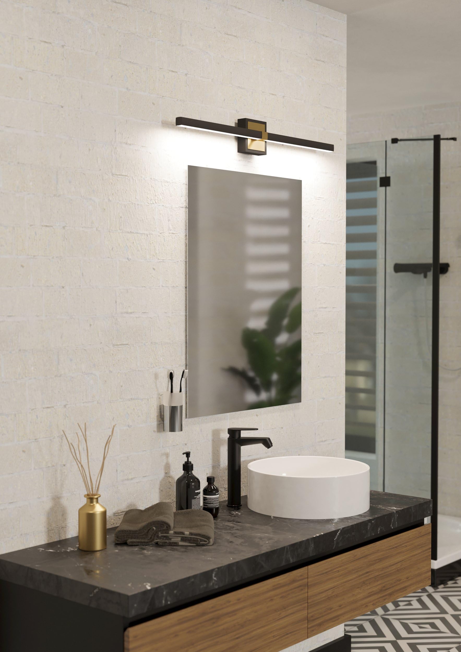 Eglo Peguera - Lampada da parete a LED, lampada per specchio dritta | per bagno, in metallo nero e ottone, colore luce bianco caldo, IP44, 80 cm