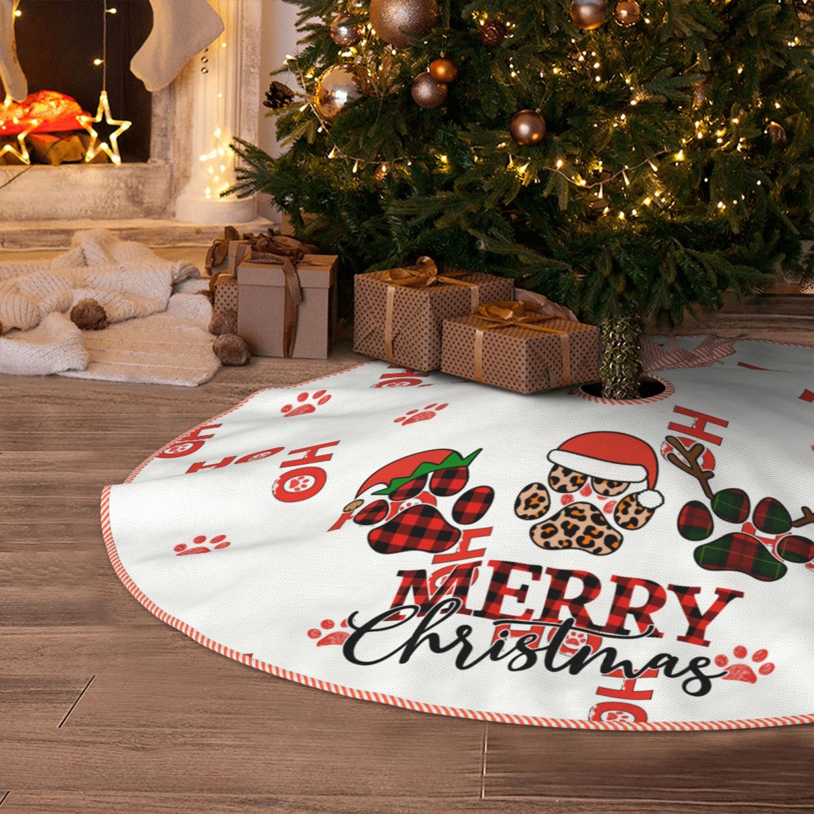 Merry Christmas Red Ho Dog Paw Christmas Tree Skirt 30 Inches Vintage Xmas Tree Skirts Mat for Winter Happy New Year Merry Christmas Xmas Holiday Party Decorations Indoor Outdoor