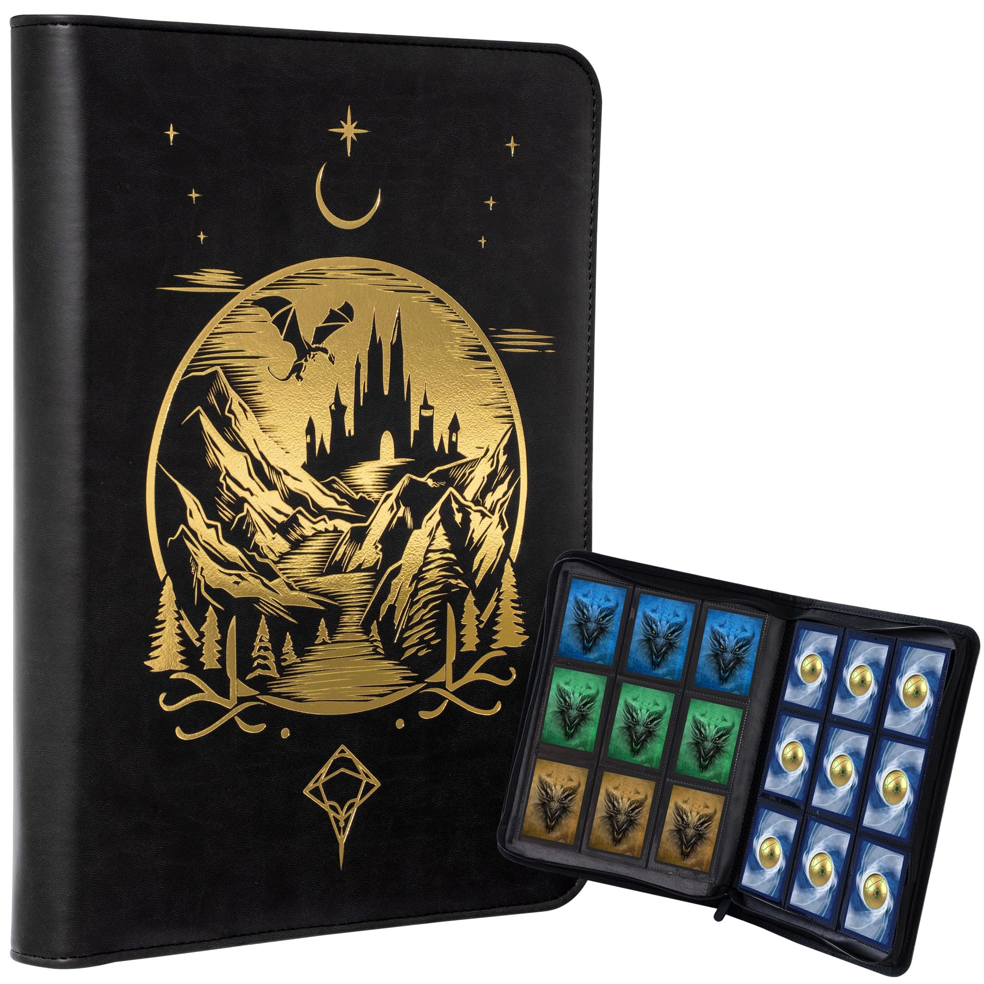 Celestial Moonlit Castle Card Binder – Fantasy 9 Pocket Ringless Trading Binder for MTG and TCG Cards – Metal Foil PU-Leather – 432 Side-Loading Pockets – Perfect Storage Holder for Card Collections