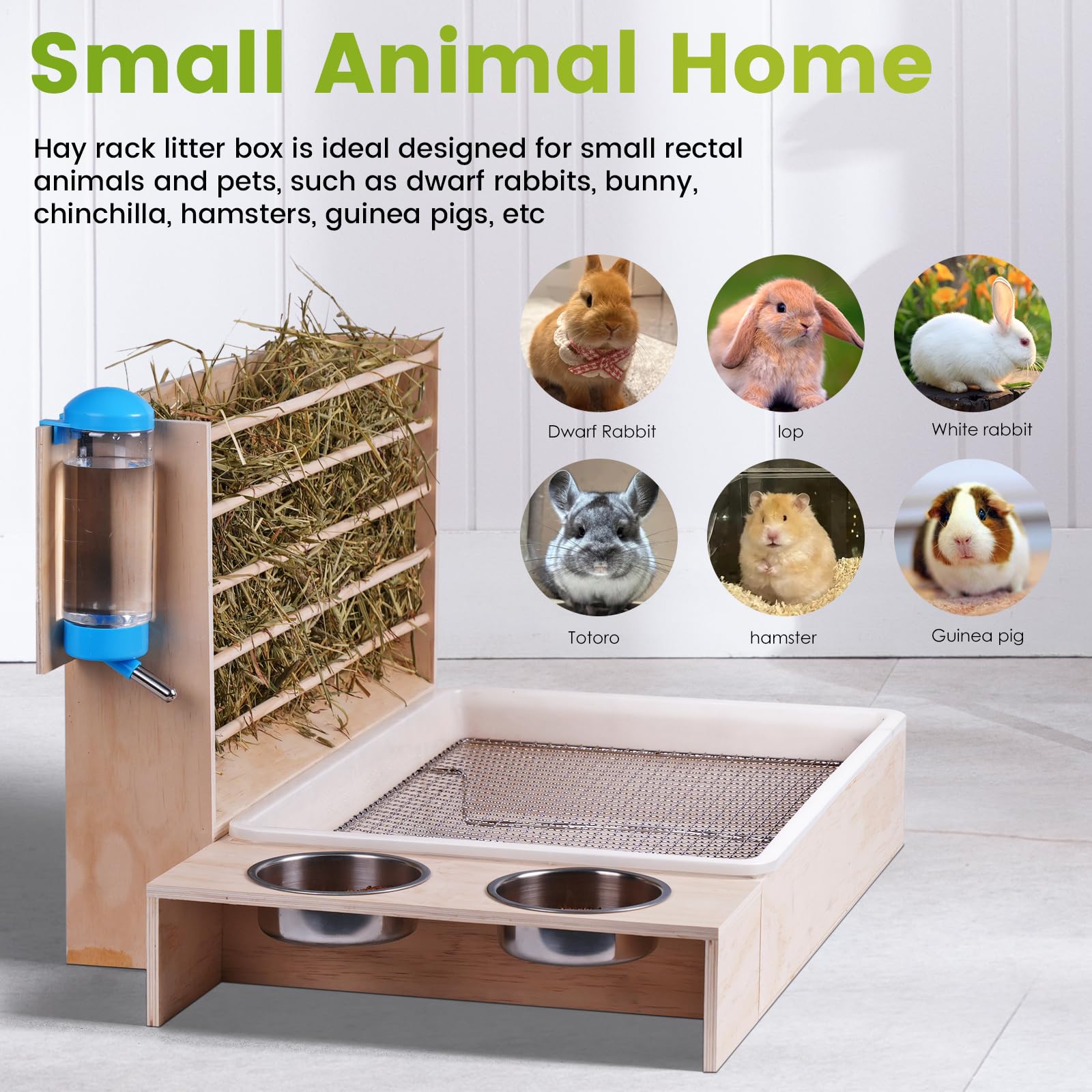 4 in 1 Groß Heuraufe Kaninchen Holz Futterspender Heu Kaninchen mit Katzentoilette Wasserflasche Futternäpfe für Hamster Hölzerner Hasenfutterautomat Heuhaltergestell für kleine Haustiere