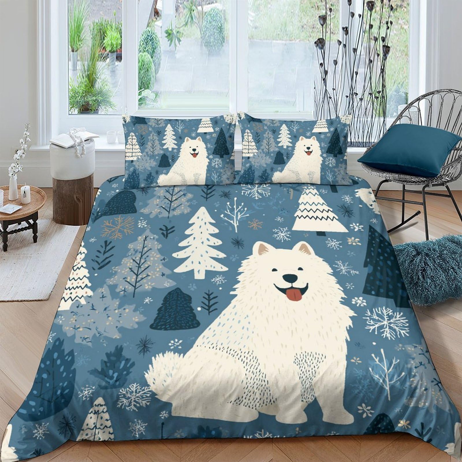 GPLZQXKJNH 3D Printed Samoyed Dog Winter Forest Duvet Cover Microfiber Soft Breathable Bedding Set with 2 Pillowcases for Bedroom Decor 115 Single（135x200cm）