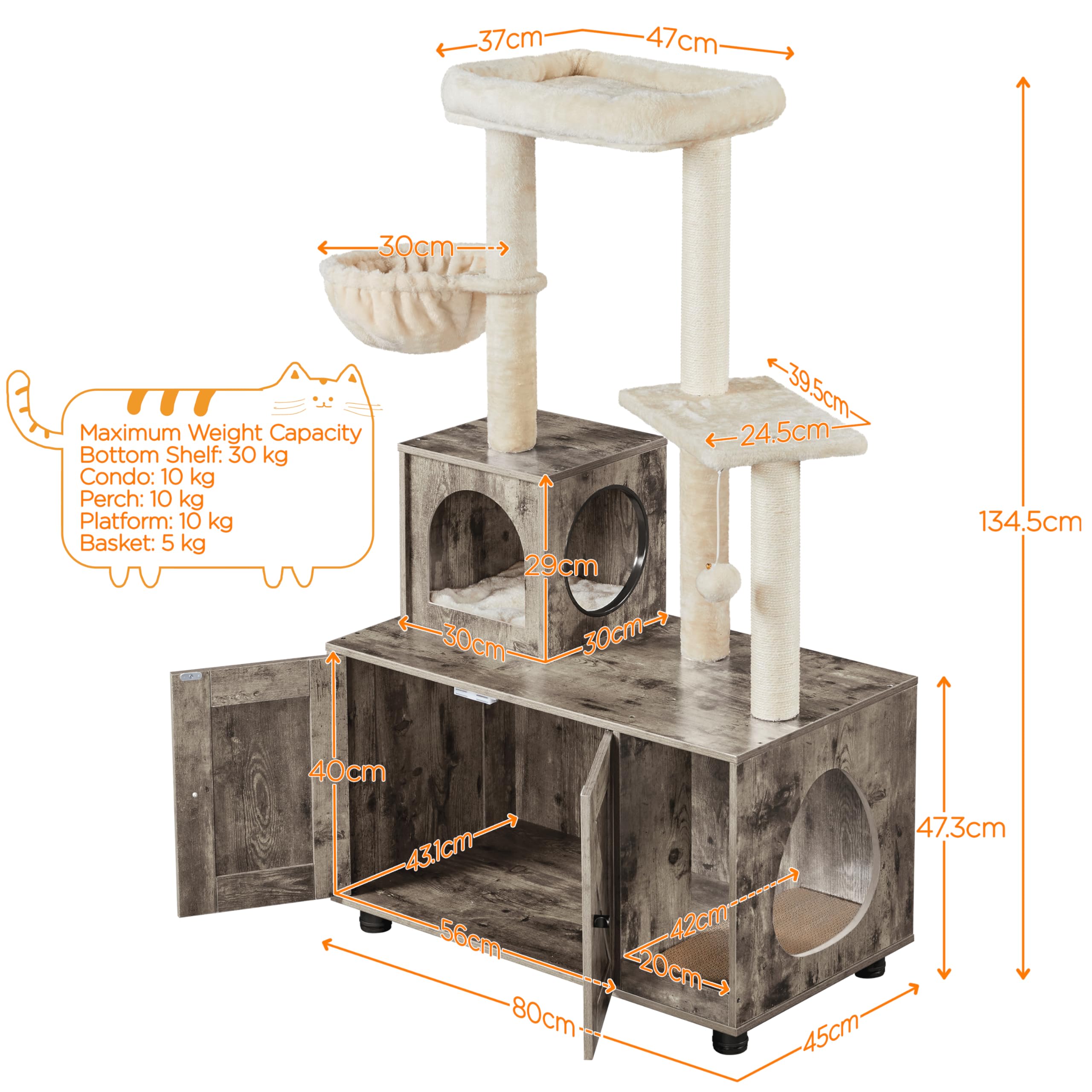 Yaheetech Árbol Rascador para Gatos con Caja de Arena de Altura 134.5cm Torre 2 en 1 de Varios Niveles Torre Escalador de Sisal con 2 Plataformas 1 Pompón 1 Cesta Arenero Oculto Madera Gris Beige