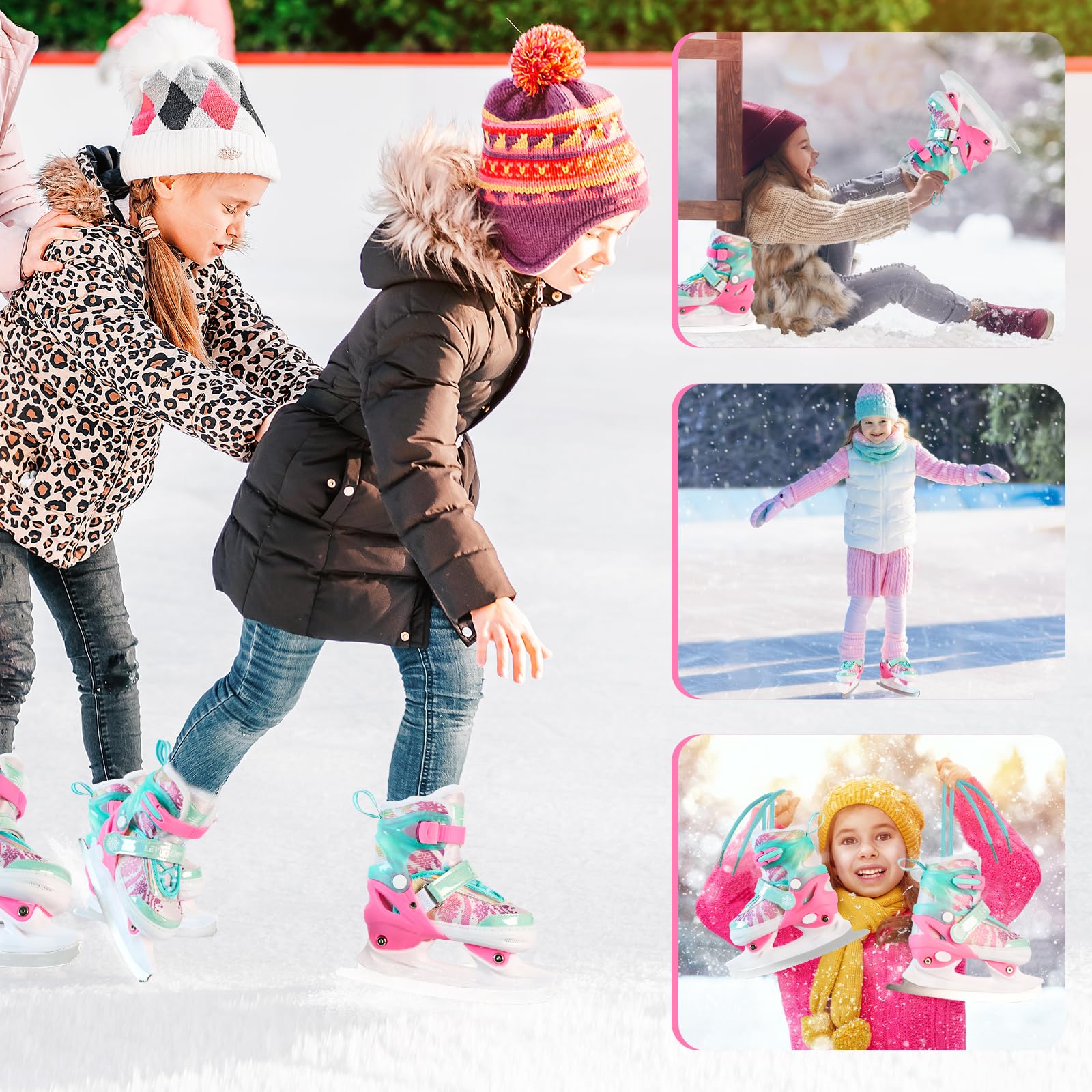 Patines de hielo ajustables para niños y niñas, forro polar cálido, 4 tamaños ajustables para principiantes, cuchillas de copo de nieve, soporte de tobillo, patines artísticos para exteriores
