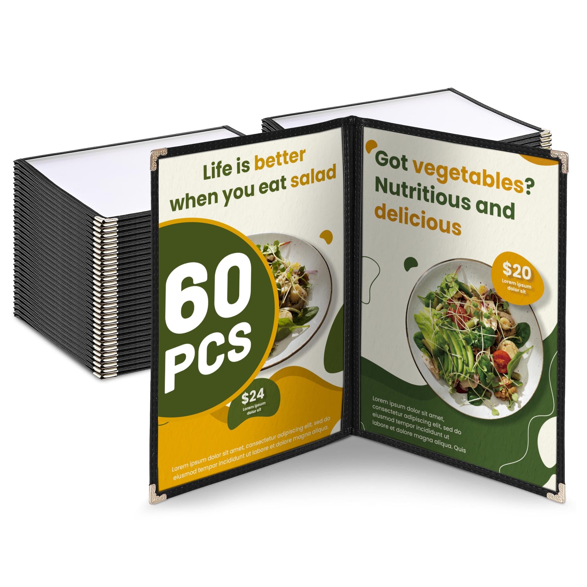 WeChef 60 Pack Restaurant Menu Covers 8.5 x 11inch Book Style 2 Pages 4 Views