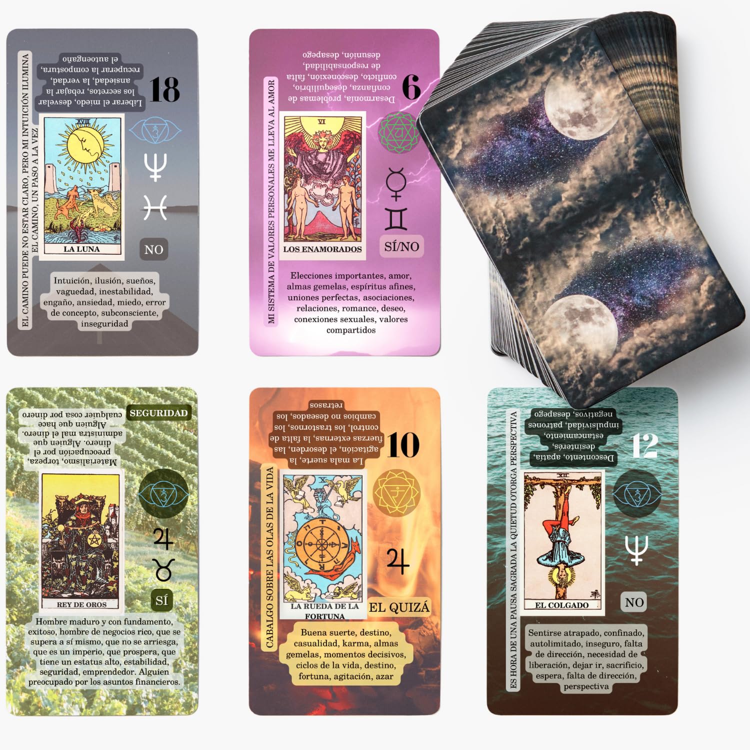 Witchy Cauldron Spanish Learning Tarot Card for Beginners with Meanings on Them - Training Beginner Cards for Tarot Learners Including Chakra, Planet, Zodiac, Element, Yes or No.