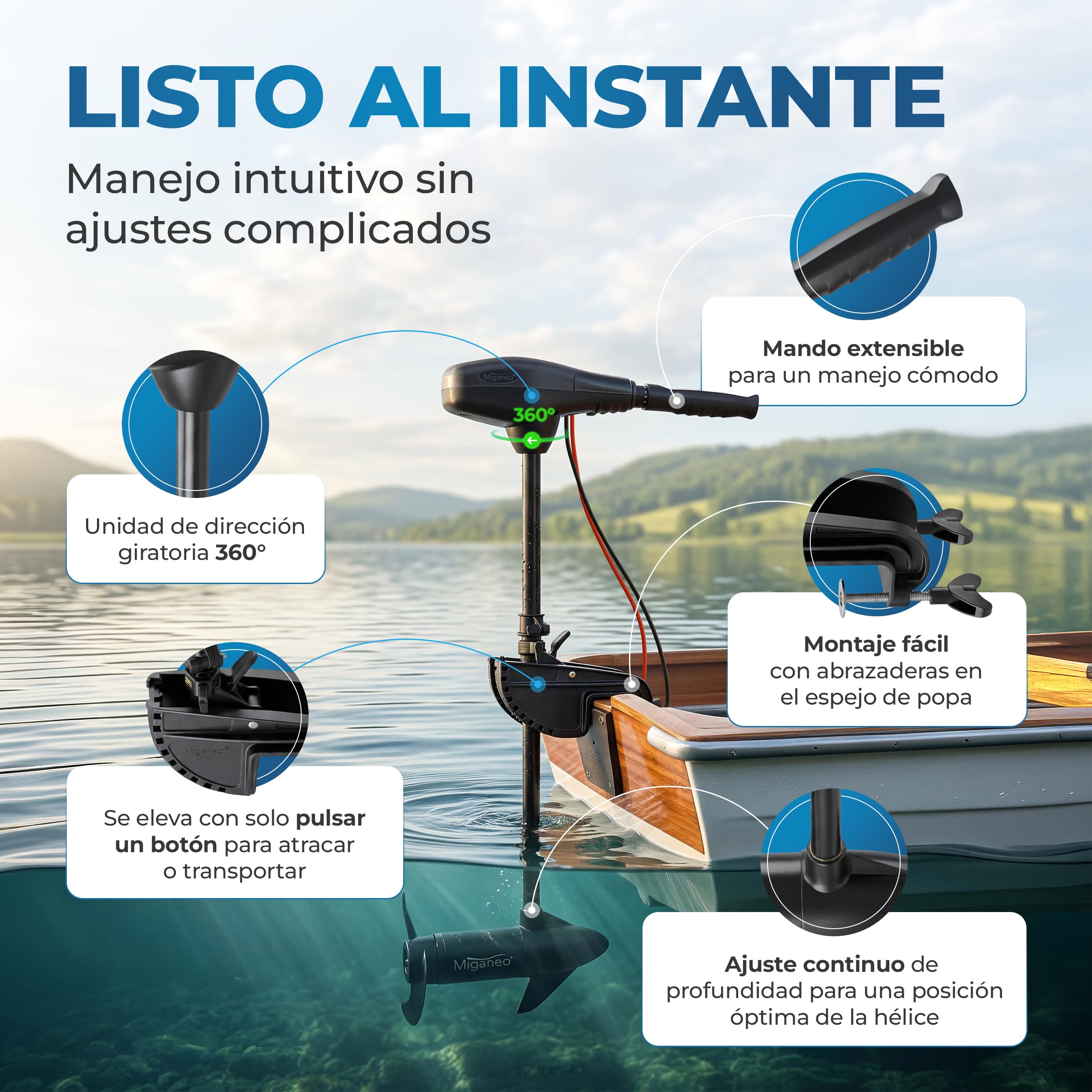Miganeo - Motor eléctrico fuera borda, 28 kg, 2006 kg de fuerza propulsora, 696 W, con batería LED de 12 V, 28,2 kp, apto para agua salada