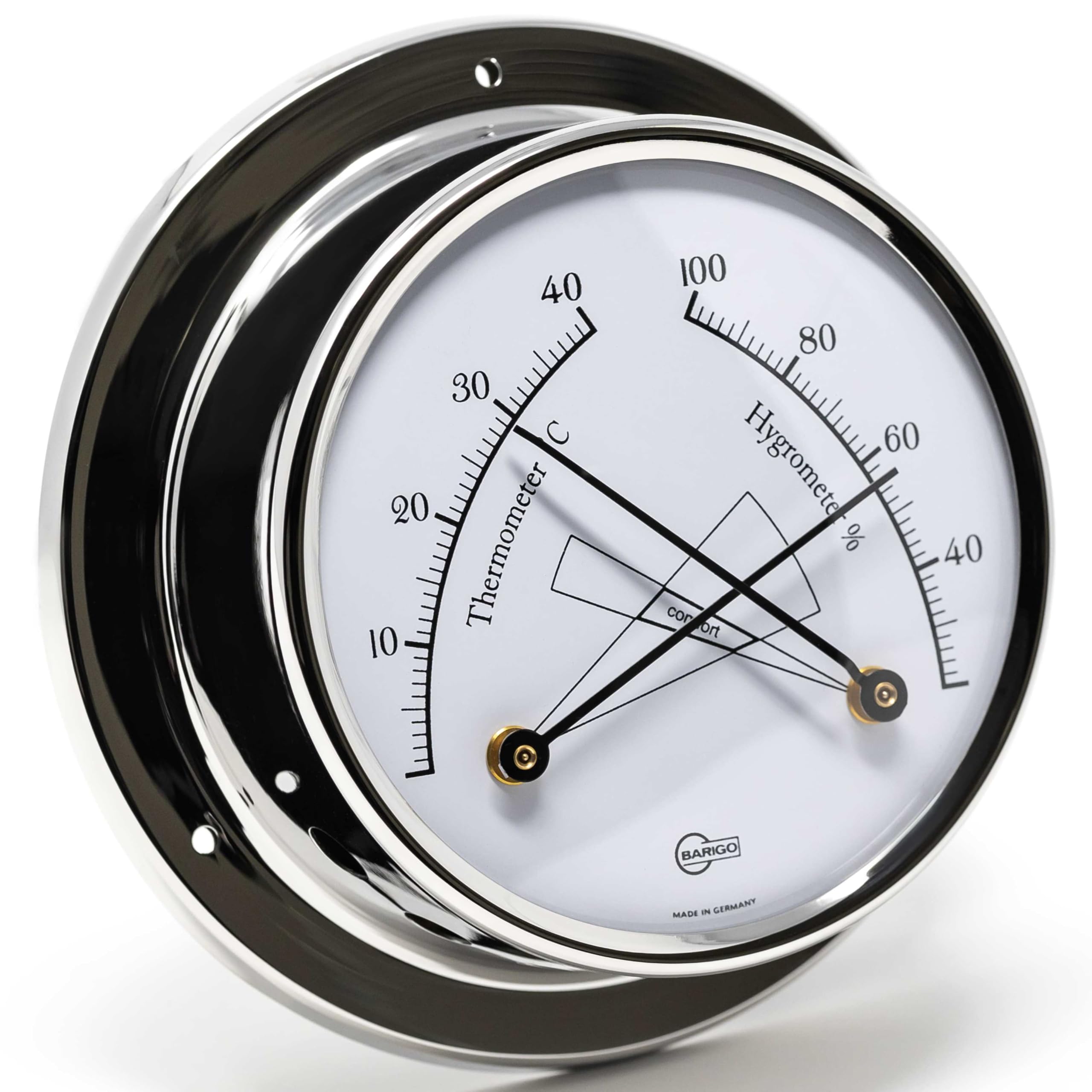BARIGO 984RFPO REGATTA Thermo-Hygrometer, Glas, Edelstahl-Gehäuse poliert | Messbereich 20-100 % r. F. und 0-40 °C, Luftfeuchtigkeitsmesser, Thermometer, 125x40 mm Breite/Tiefe, Made in Germany