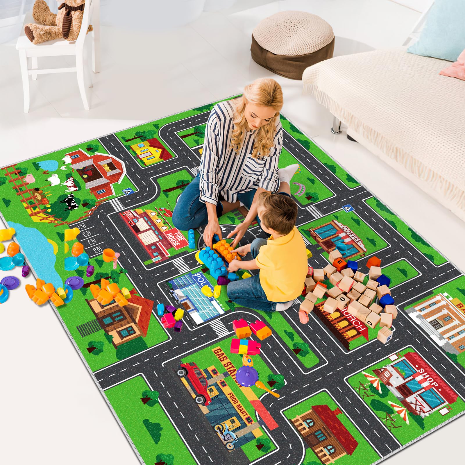 Kids Carpet Car Play Rug, City Life Traffic Road Kids Rug Playmat,Non Slip Children Educational Game Car Mat Area Rug for Playroom Baby Toddler Boys Bedroom Classroom (59X39.4 INCH, Style 1)