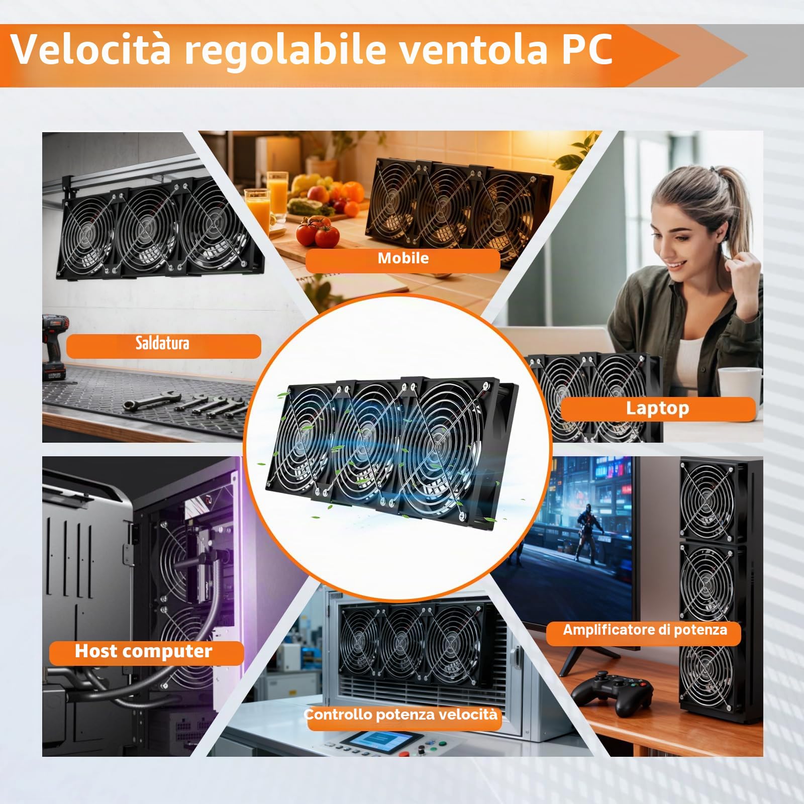 3 ventole per PC da 120 mm, 12 V, velocità del vento regolabile, ventola per PC, ventola AC 220 V-240 V, 2700 giri/min, ventole per PC portatile per router, laptop, TV Box, ventole doppie