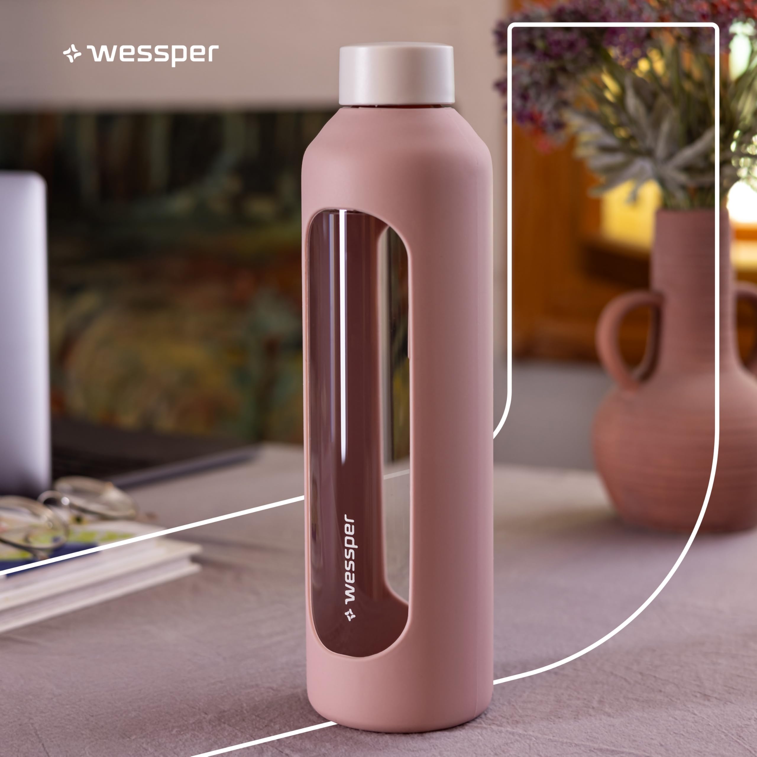 Wessper Bouteille a eau 1 Litre, Bouteille de Motivation avec échelle D'hydratation, Gourde pour eau en Verre Borosilicaté avec étui en Silicone, Matériau Sans BPA - Rose Sale