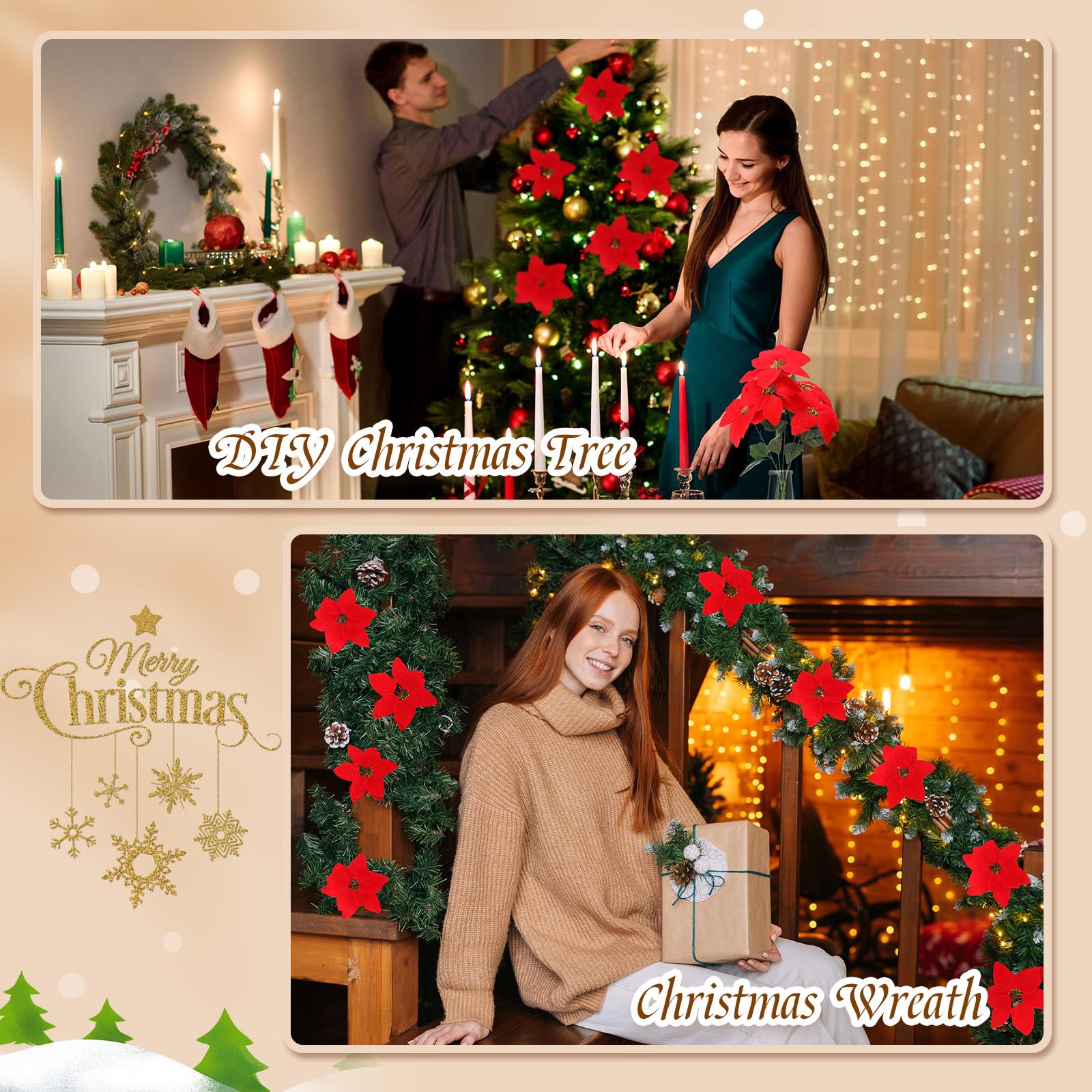 Yunlly Künstliche Weihnachtssterne mit 5 Köpfen, Samt, Kunststoff, rote Blumensträuße für Zuhause, Garten, Innen- und Außenbereich, Basteln, Hochzeit, Party, Tisch, Blumenzubehör, 24 Stück
