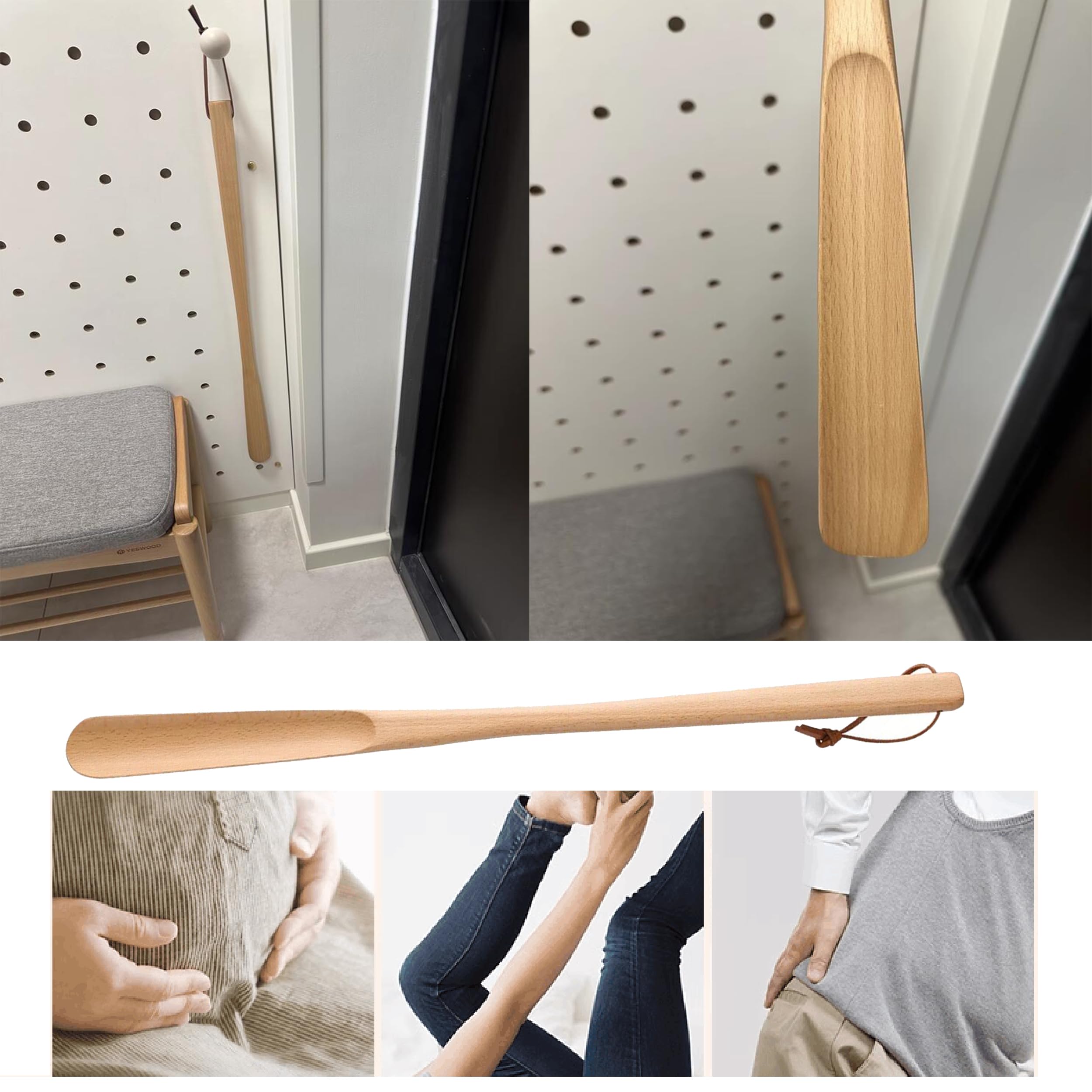 Łyżka do butów z drewna, długość 72 cm, naturalny materiał drewniany, ze skórzanym paskiem, pomoc w zakładaniu butów