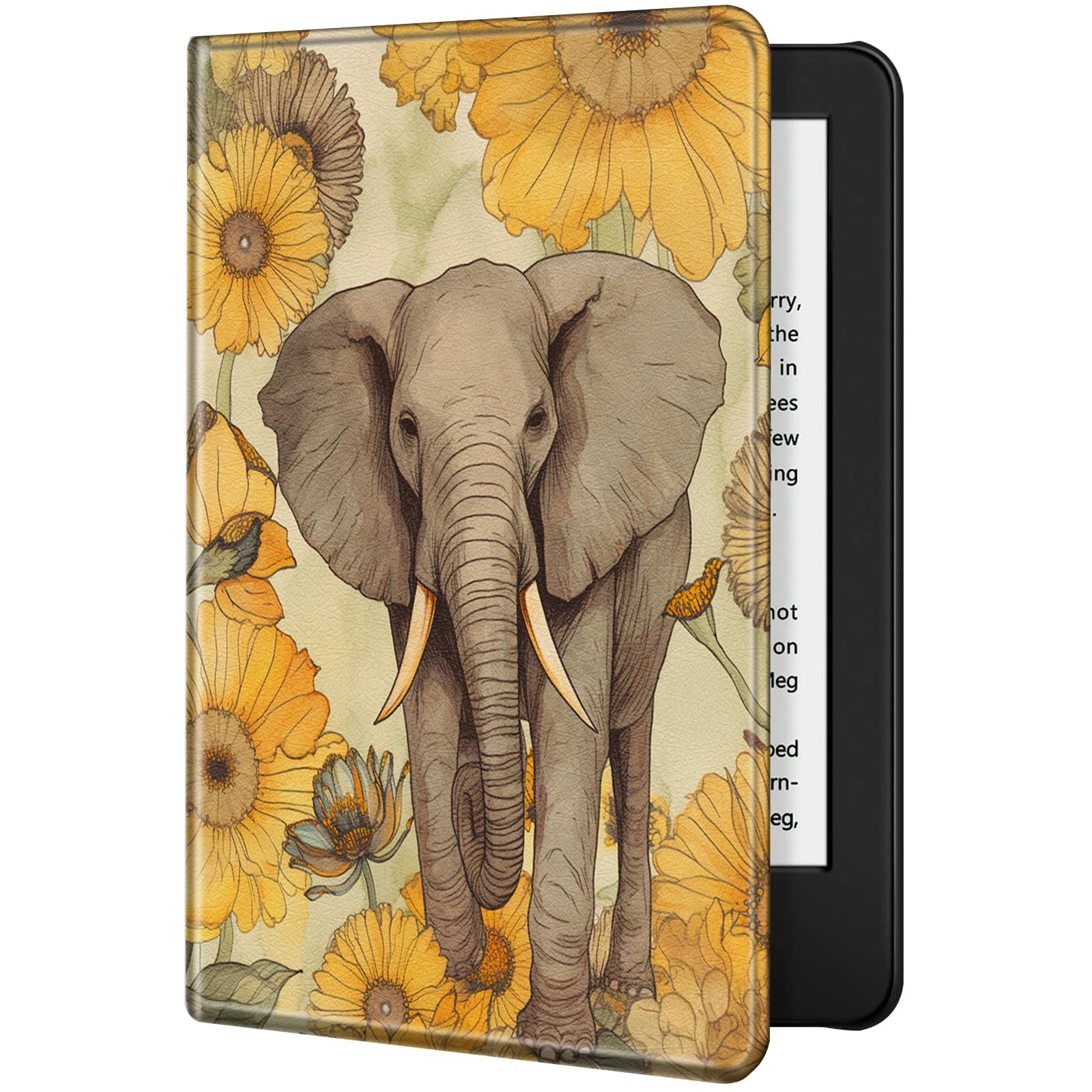 Kindle 11th Generation Case 2022 - Elephant Sunflower Wood Pattern With Auto Wake/Sleep