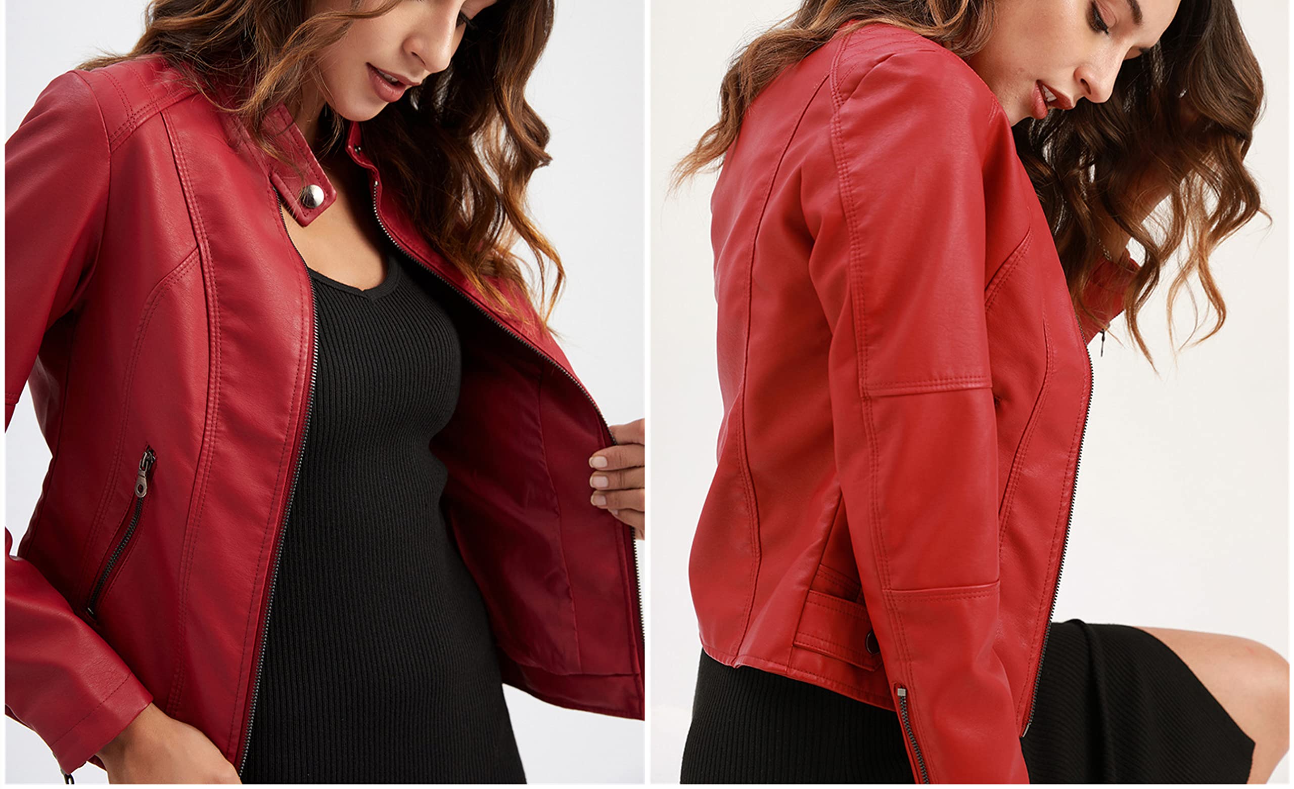 WSLCN Femme Veste en Similicuir Moto Blouson Zippé Casual Bomber Jacket