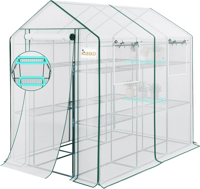 Invernadero Premium KING BIRD para exteriores, cubierta de PVC mejorada de 84x56x77 | Invernadero portátil con estructura de acero resistente para jardín exterior, ventanas mosquiteras y puerta de malla, 3 niveles y 14 estantes, color blanco