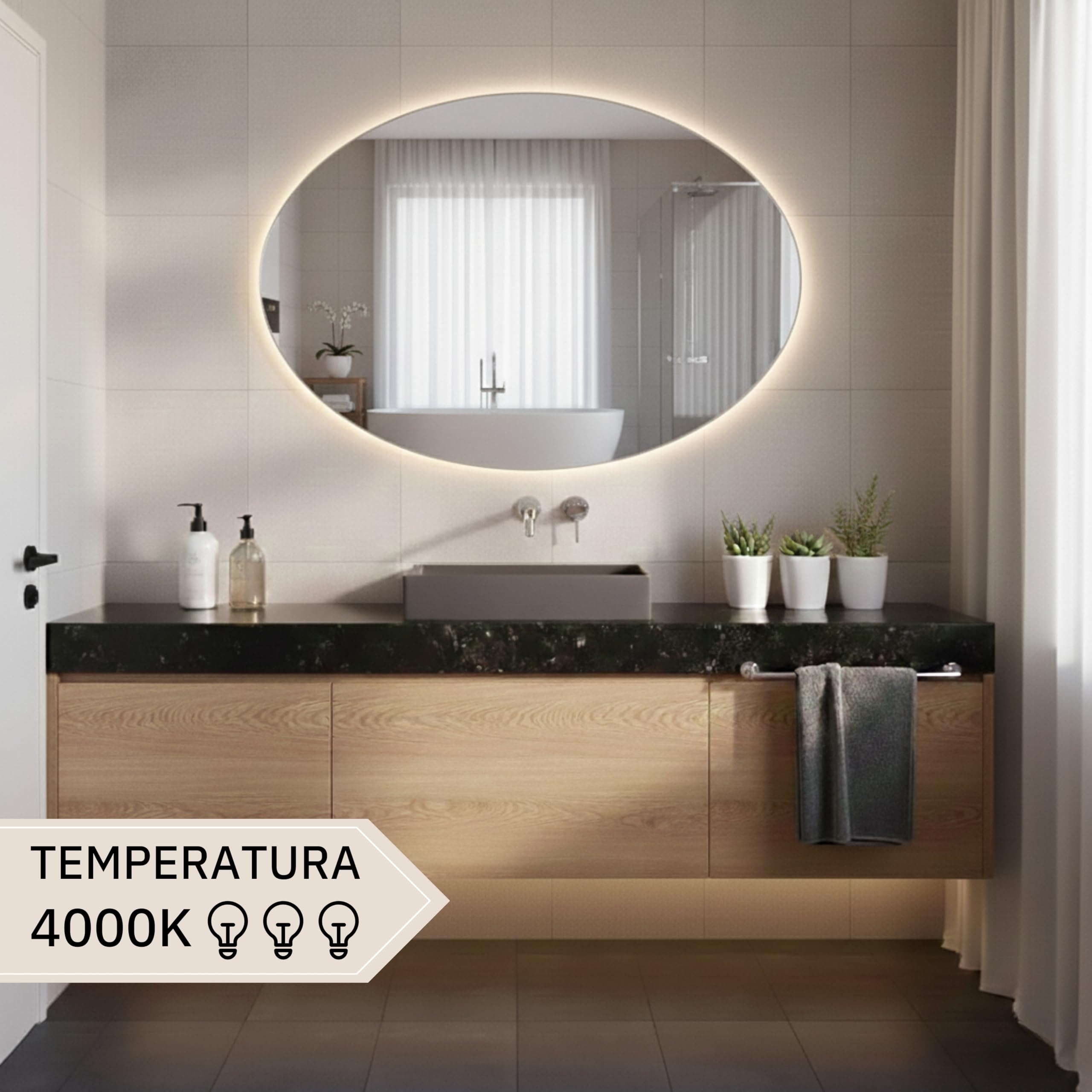 STYLE GLASS MOSES 80x60cm - Specchio con Striscia LED 4000K - Specchio bagno Ovale MOSES - Specchio da parete - Specchio con led - Specchiera Bagno Made in Italy Bordo Filo Lucido Moderno