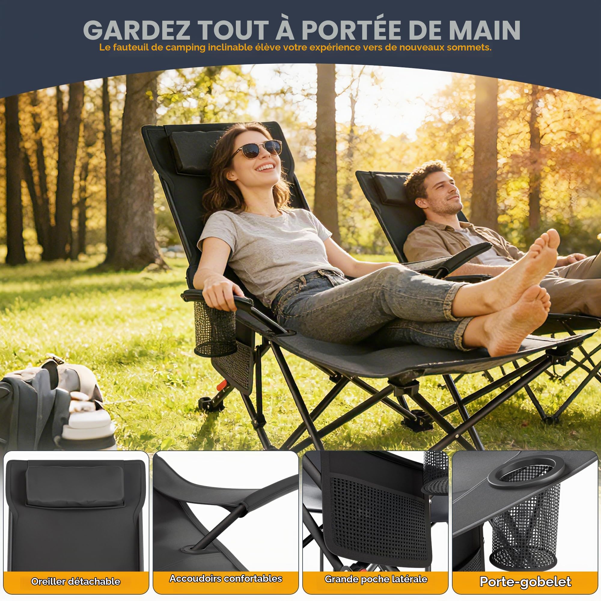 Chaise de camping, pliable avec repose-pieds et support dorsal réglable sur 4 positions, chaise de camping avec porte-gobelet et sac de transport, chaise pliante pour camping, pêche et plage