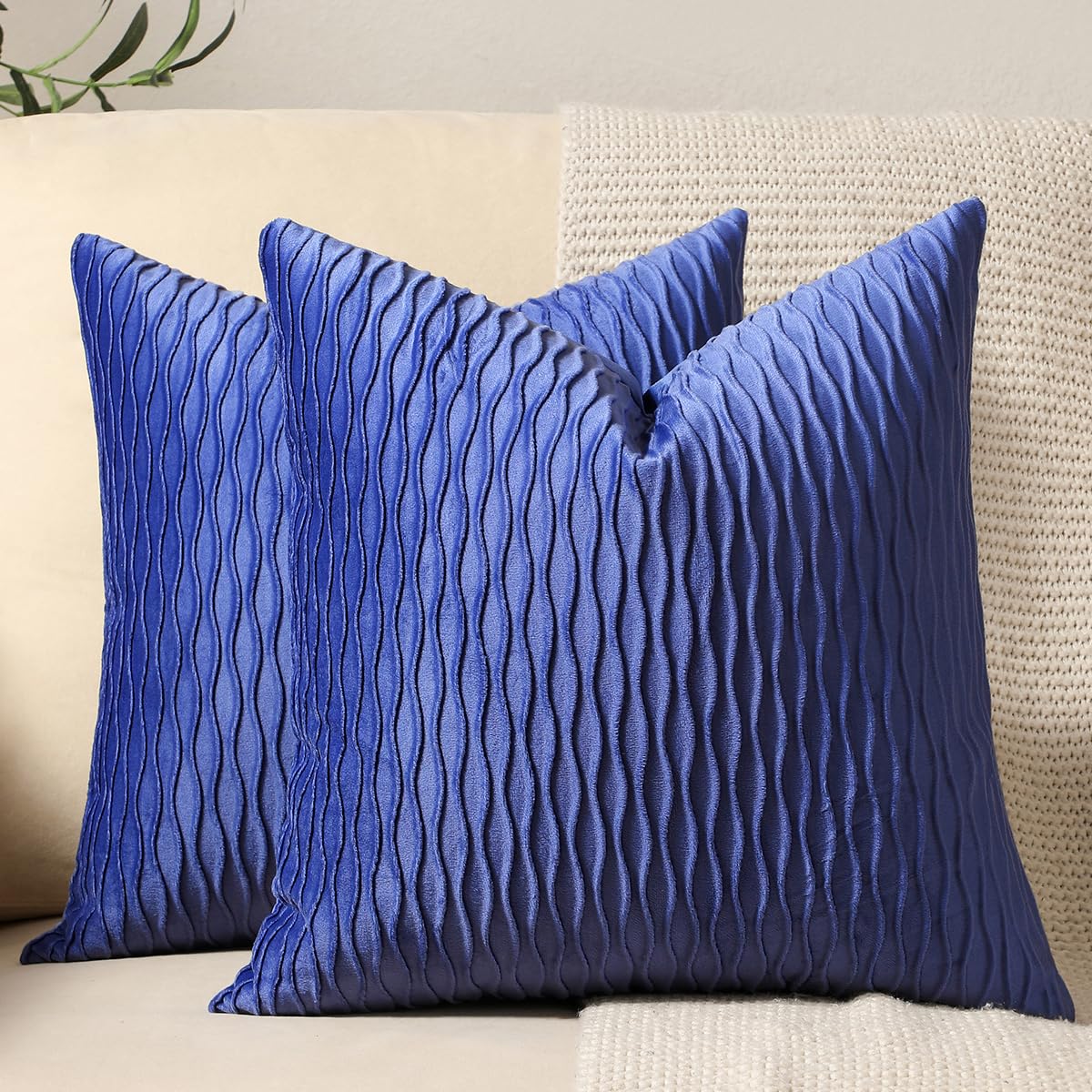 DEZENE 24x24 Blue Throw Pillow Covers 2 Pack Original Striped Velvet Square Decorative Pillow Cases for Farmhouse Couch