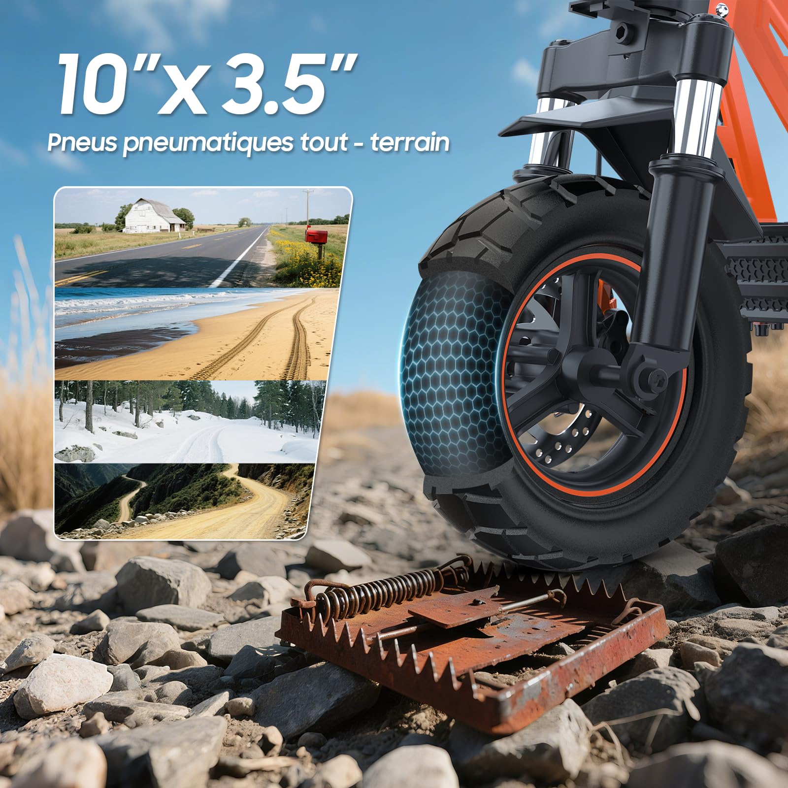 La Trottinette électrique Adulte, Batterie 23,4 Ah (autonomie 85 km), amortisseurs hydrauliques à Bras (Avant/arrière), Propulsion Double + 2 Moteurs, pneus Tout-Terrain 12 Pouces, montée 35°