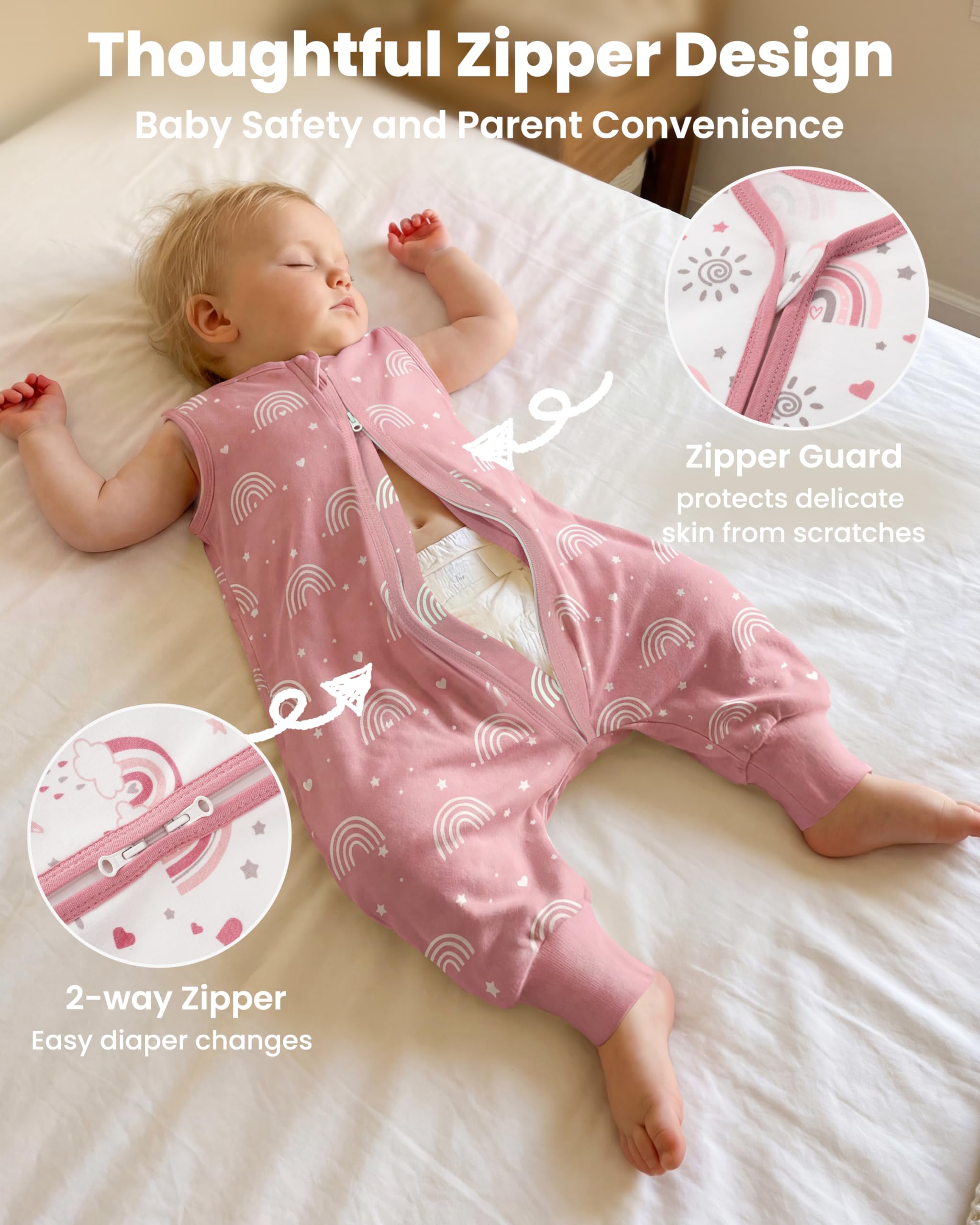 Saco de Dormir con Piernas 6-18 Molis Saco de Dormir Bebe Verano Tog 0,5 100% Algodón Saquito de Dormir niño con pies Arcoíris rosa
