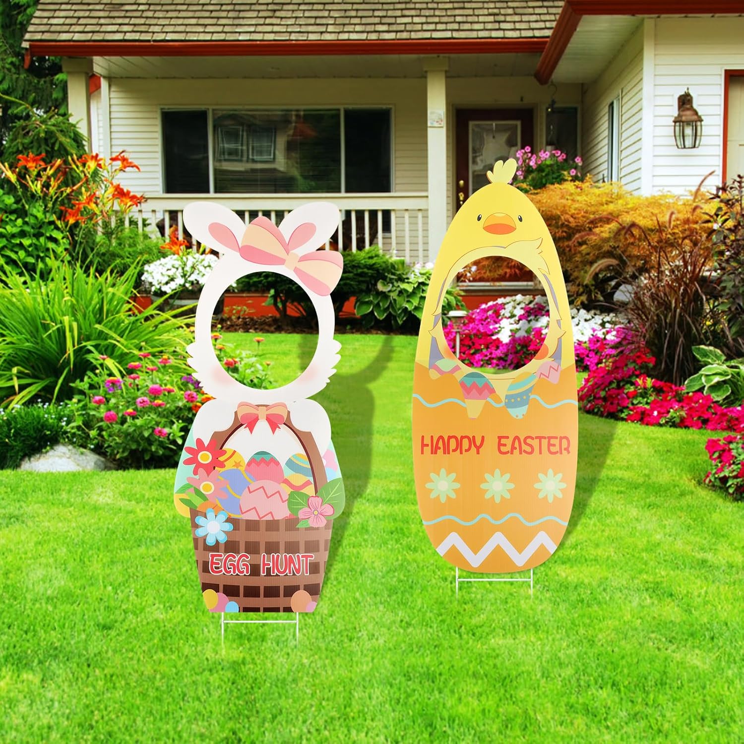 2 PCS Easter Face Yard Signs Decorations Large Easter Yard Signs Cute Bunny & Chick Yard Sign with Stakes Easter Lawn Sign Decorations for Garden Props Holiday Easter Egg Hunt Lawn