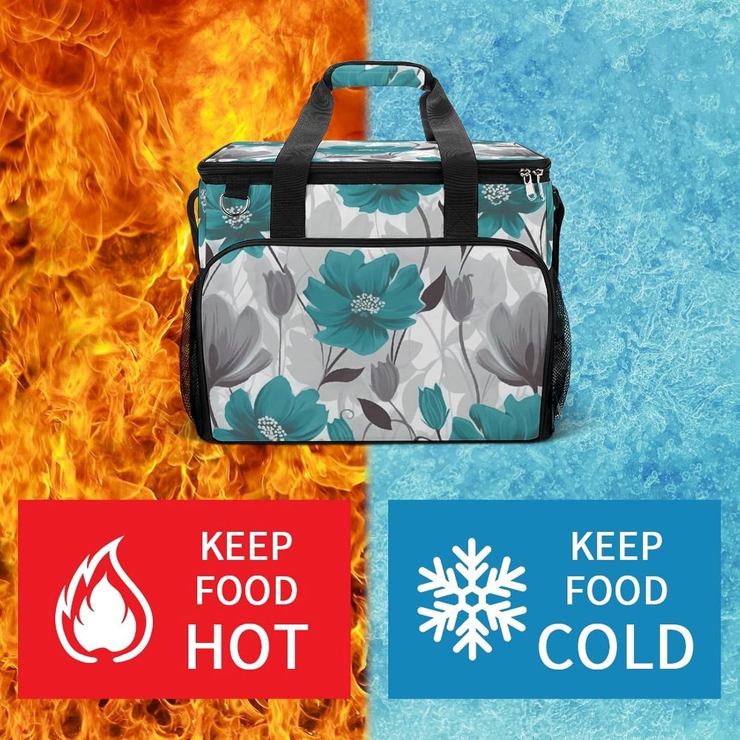 Large Capacity Oxford Cloth Teal Grey and White Floral Printed Camping Ice Bag, Outdoor Portable Insulation and Cooling Bag, Suitable for Outdoor Camping and Picnics