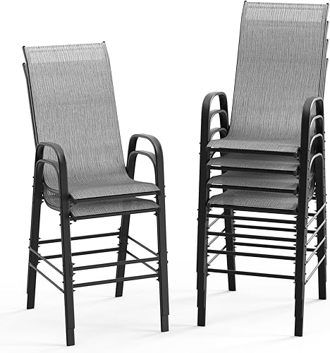 Vista 19 de VINGLI Juego de 4 taburetes de bar apilables para exteriores, sillas tipo honda con respaldo alto y reposabrazos, para césped, jardín, bar, gris