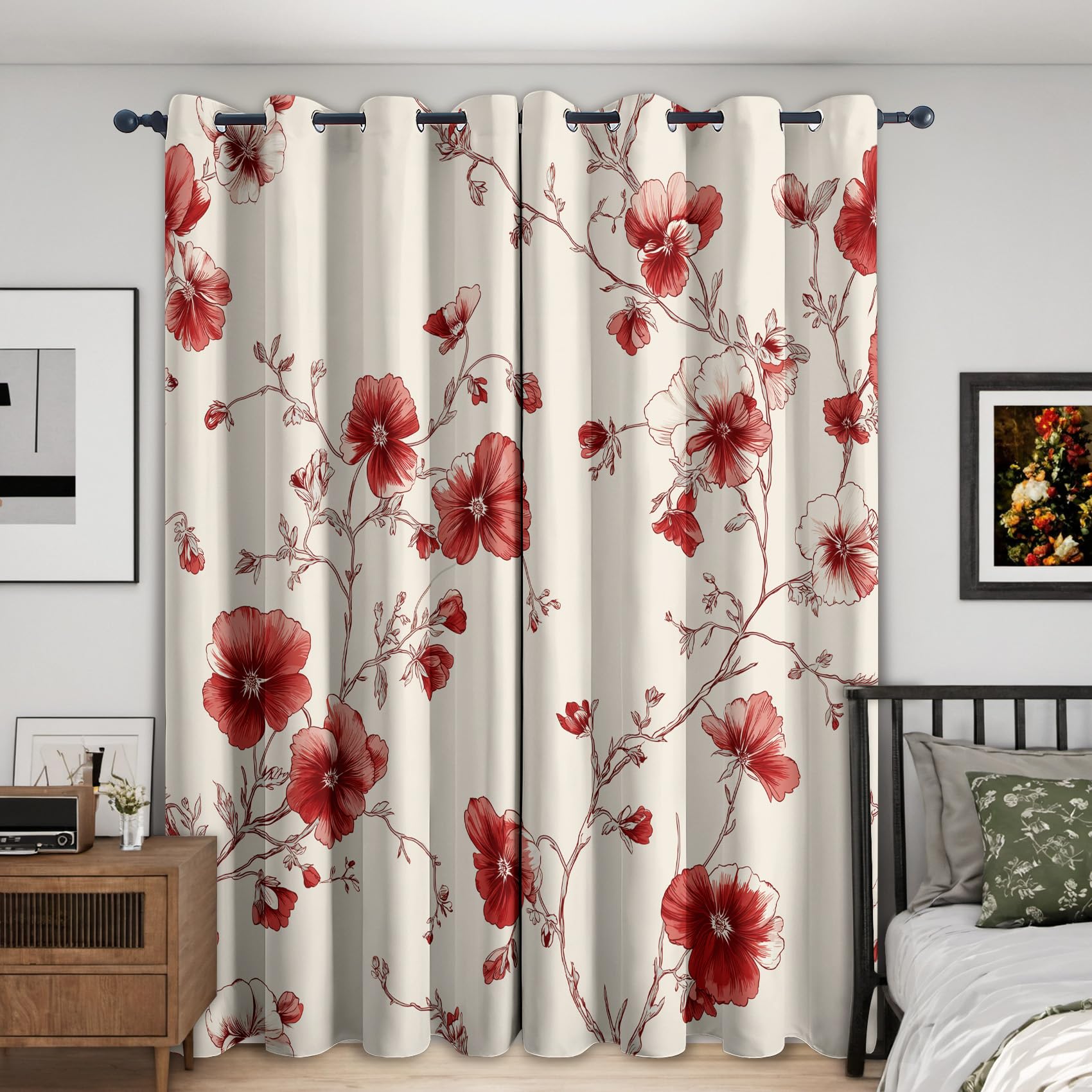 Generisch Mohnblumen Vorhänge Blickdicht Gardinen mit Ösen, Rot Weinrebe Blumen Floral Deko Muster Wohnzimmer Schlafzimmer Fenster Verdunklungsvorhänge, H 245 x B 140 cm 2er Set (3c5-124)