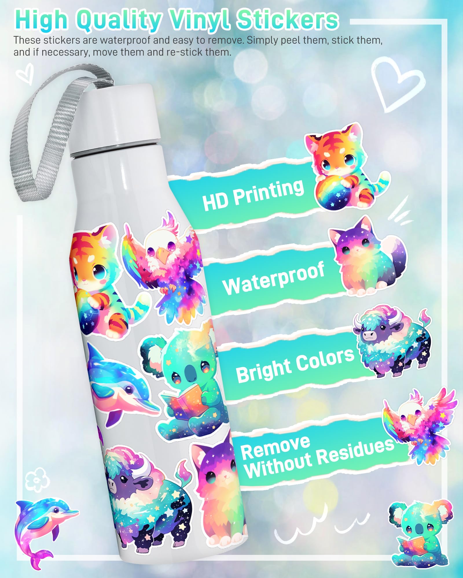 Zestaw 100 uroczych tęczowych naklejek ze zwierzętami, dla dzieci, dziewcząt, nastolatków, kawaii, wodoodporne winylowe naklejki na butelkę wody, estetyczna kreskówka zwierzę naklejka na laptopa