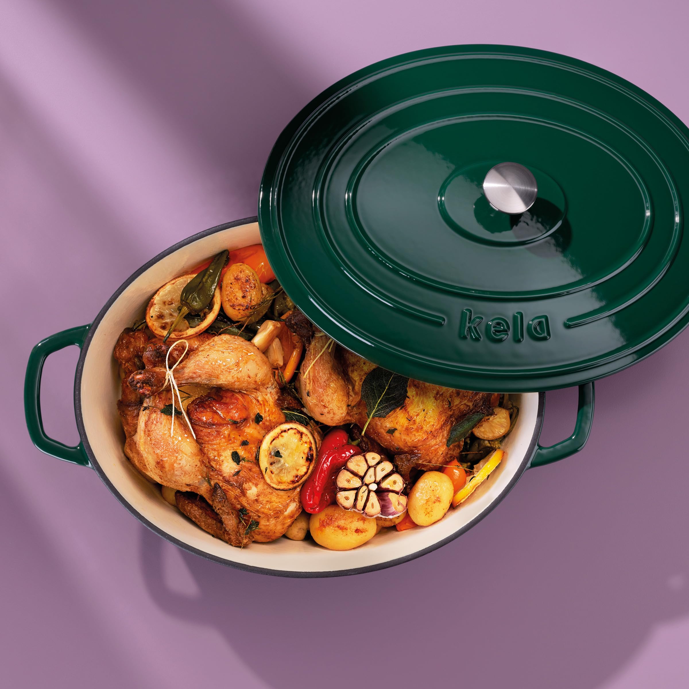 kela Casseruola ovale in ghisa 9,3 litri, forno olandese Calido, cottura a induzione con coperchio, pentola in ghisa per cuocere il pane, smaltato, verde