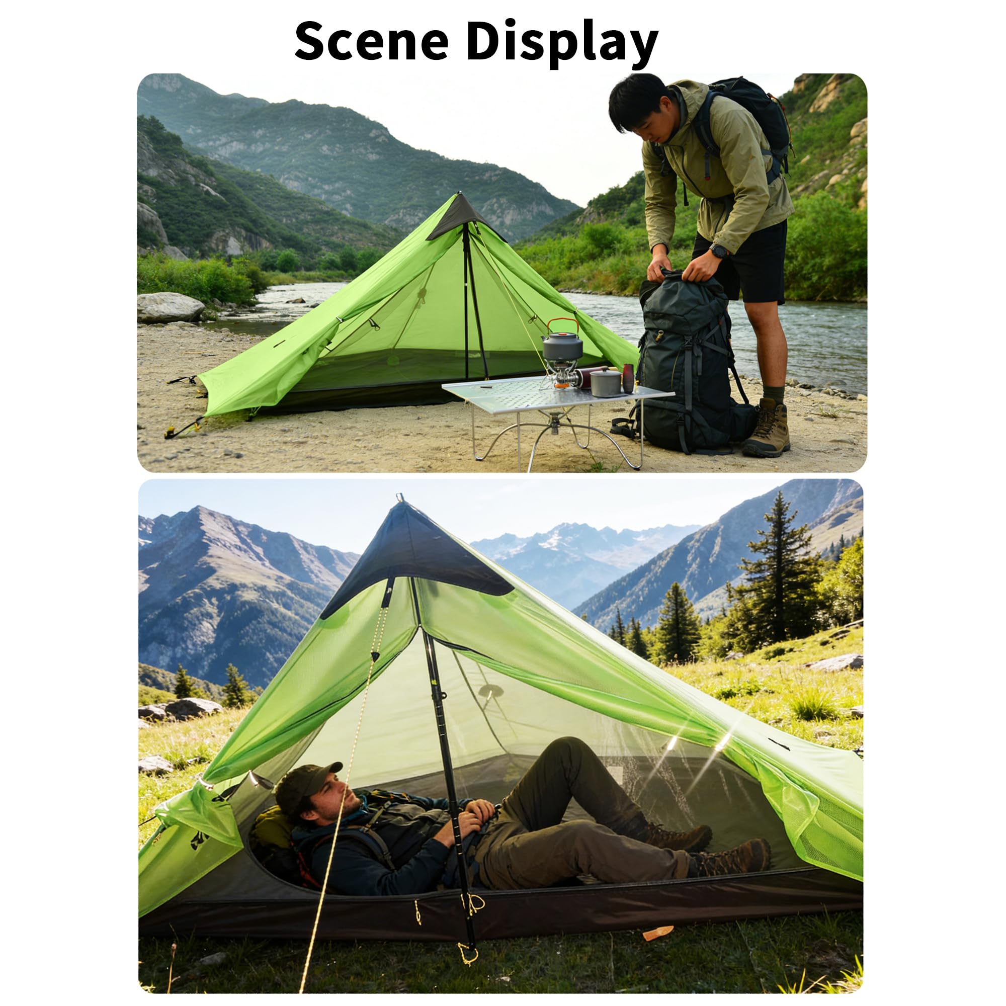 Windhike Tente ultra légère 0,92 kg, sans barres, pour 1 personne, tente de trekking, double couche, facile à monter, bien ventilée, PU 5000 mm imperméable et coupe-vent, pour la randonnée