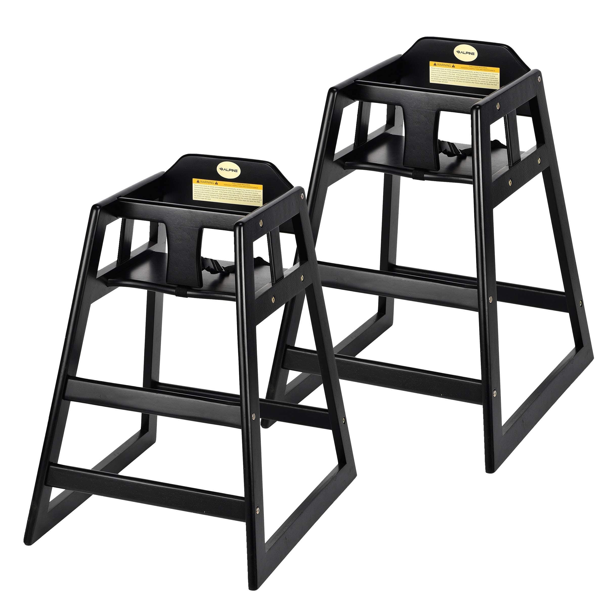 Sillas altas de madera Alpine para bebés y niños pequeños con correa de seguridad, silla alta de restaurante de calidad comercial, silla de madera duradera que ahorra espacio, ideal para comedores, paquete de 2, color negro
