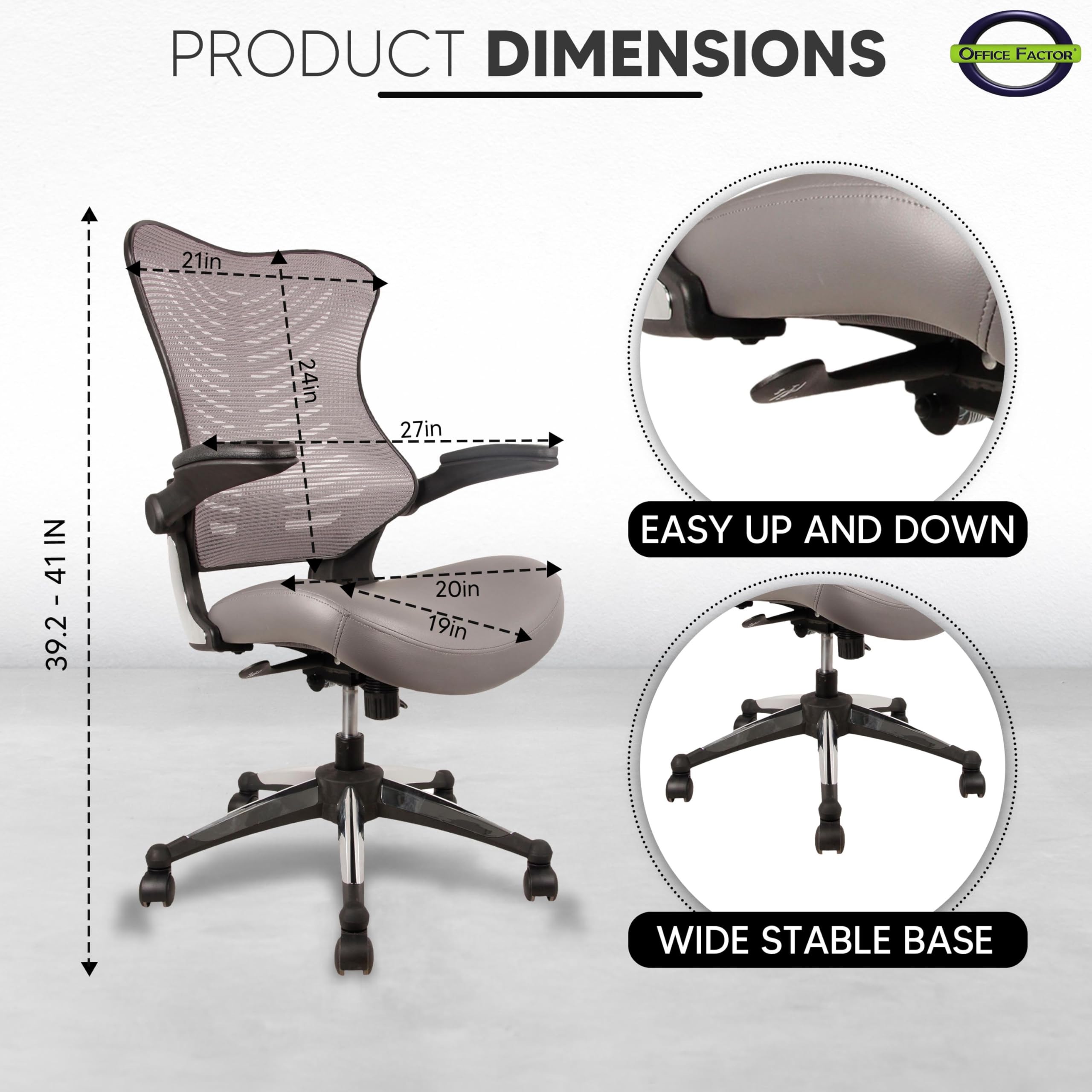 OfficeFactor Executive Ergonomic Computer Office Chair Back Mesh Bonded Leather Seat Flip-up Arms Lumbar Support Molded Foam Seat — view 3