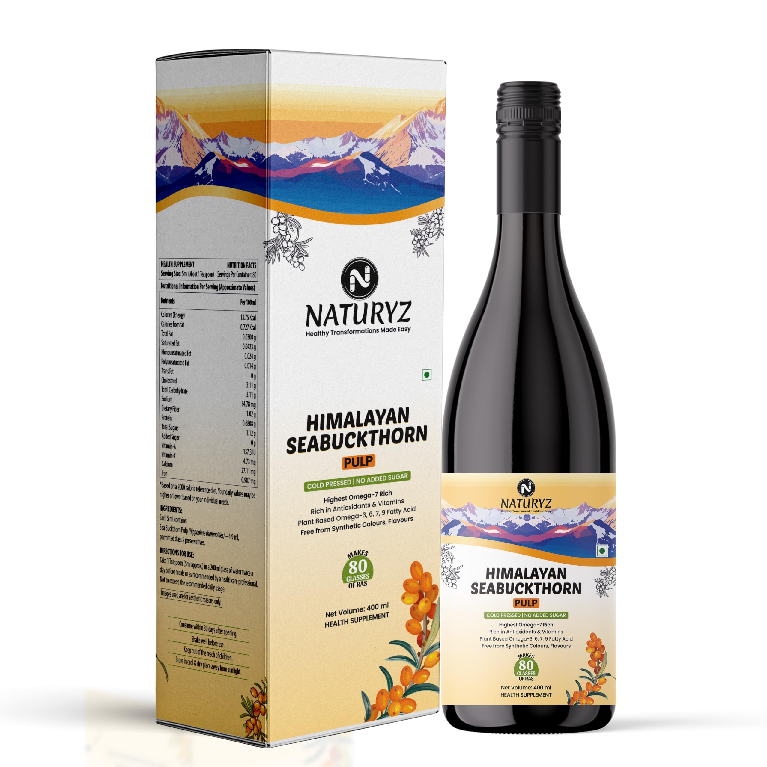 NATURYZ Himalayan Sea Buckthorn Pulp 400ml | Thick, Pure Fruit Pulp, Not Diluted Juice | Makes 80 Glasses | Cold Pressed Naturally Rich in Omega 3, 6, 7 & 9, Antioxidants, Vitamins & Phytonutrients | Whole Berry Pulp for Skin Health, Immunity & Daily Wellness | No Added Sugar-picture-26