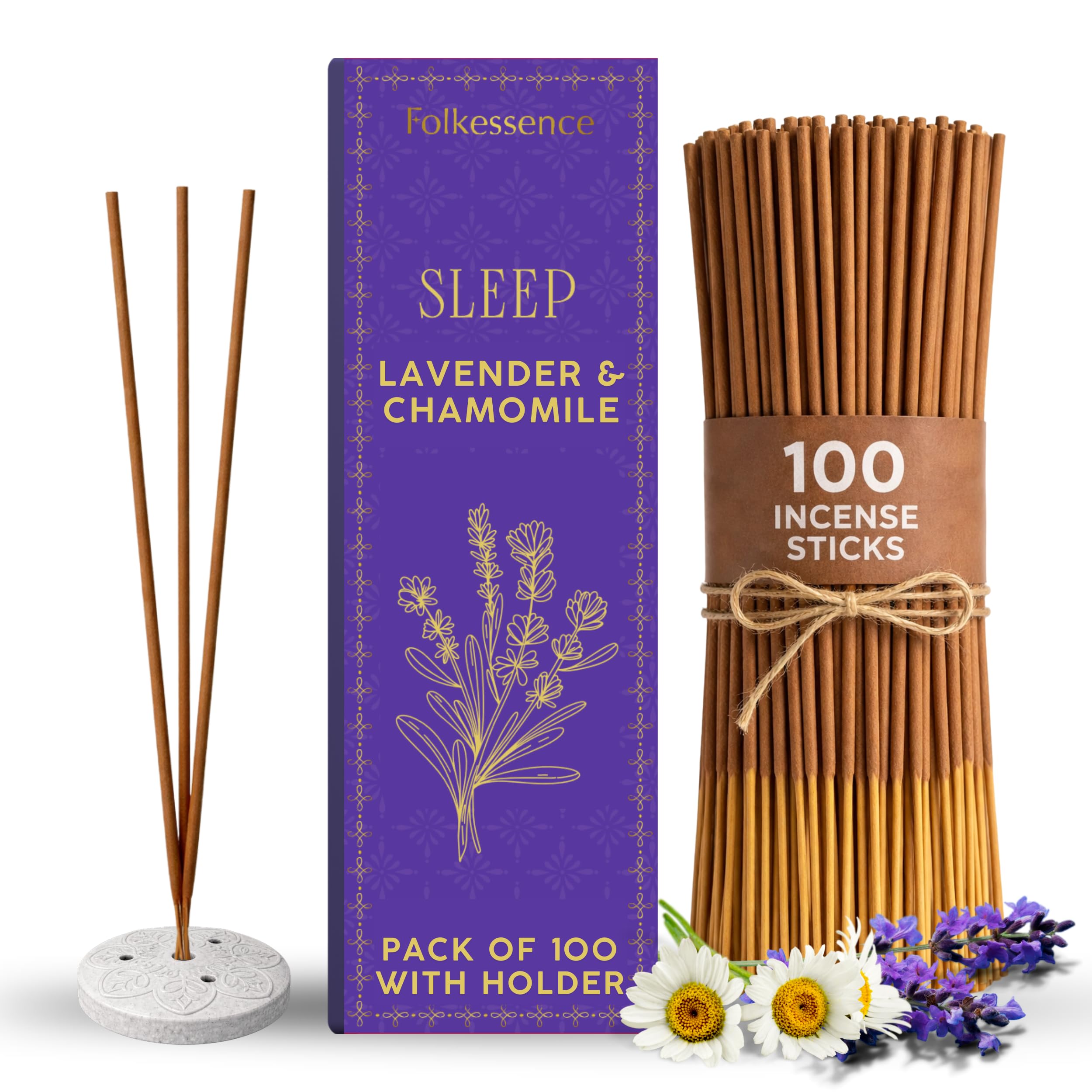 Folkulture Lavender And Chamomile Incense Sticks | Set Of 100 Insence-Sticks With Holder For Relaxation | Lavender & Chamomile Incense | Organic, Slow Burning & Non Toxic Inscents For Meditation |Relaxing For Sleep