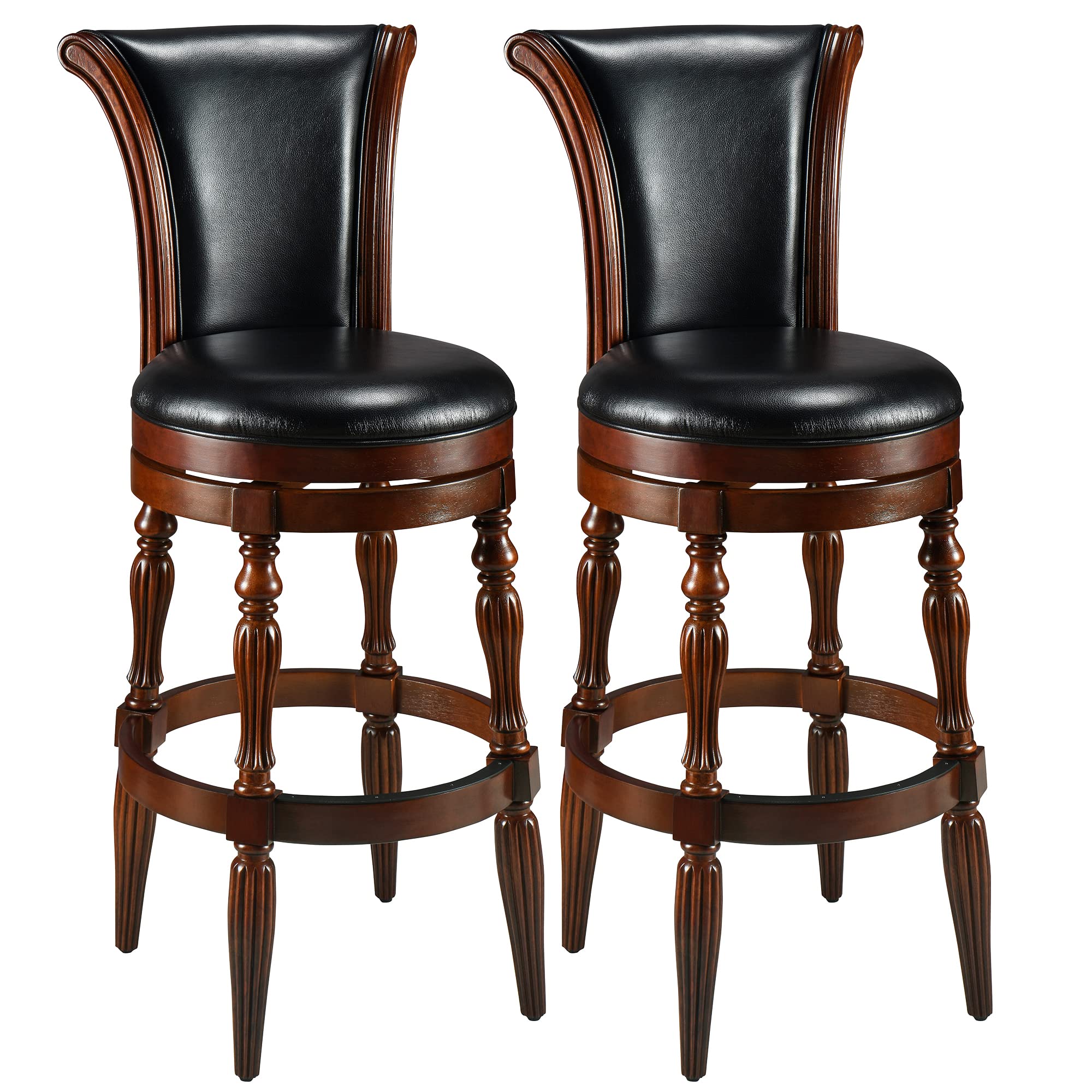 Bar Stools with Swivel Seat Set Of 2, 30.1” Bar Height Chairs with Carving Solid Wood Leg, Faux Leather Upholstered, Mid-Century Home Bar Stools For