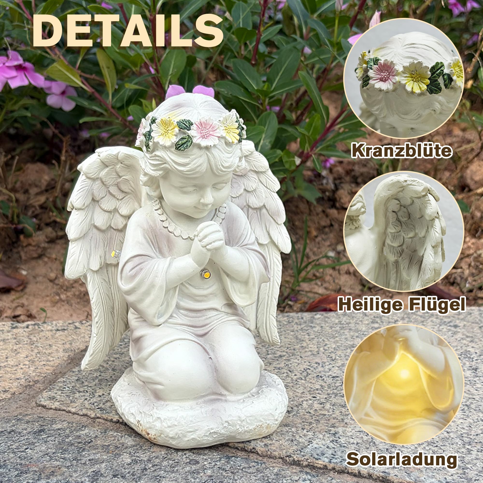 Solar Engel Figur für Grab Wetterfest Außendekoration - Gebetsvolle LED-Schutzengel-Statue mit Solarbetriebenem LED-Licht, Feenengel-Skulptur, Geeignet für Gärten, Rasenflächen, Innenhöfe, Terrassen