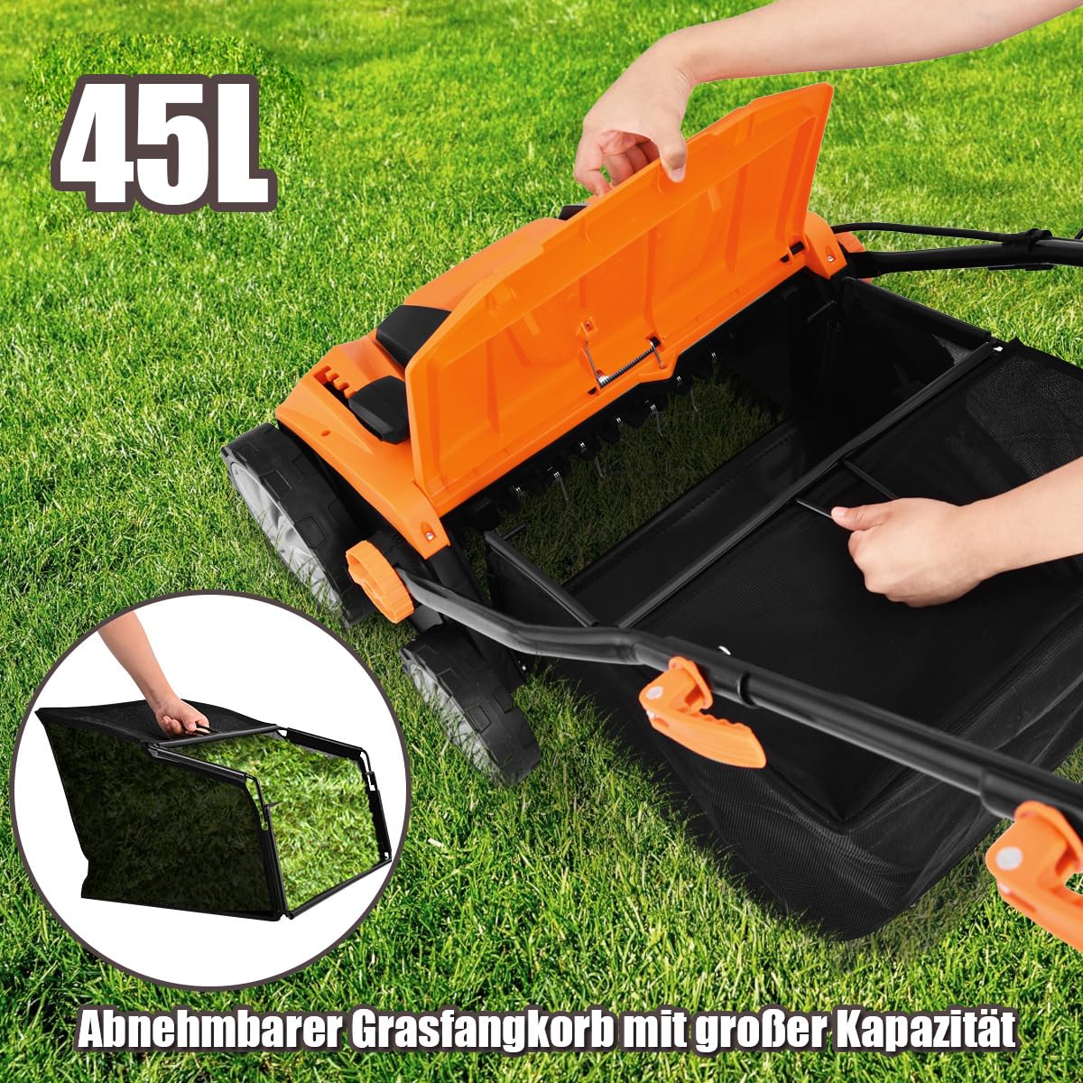 RELAX4LIFE Elektro Vertikutierer Rasenlüfter, 1800W|2-stufige|Arbeitstiefe 38cm Arbeitsbreite|45L Fangkorb, Rasenvertikutierer mit Messerwalze+Lüfterwalze, für Rasenpflege(38cm Arbeitsbreite,Orange)
