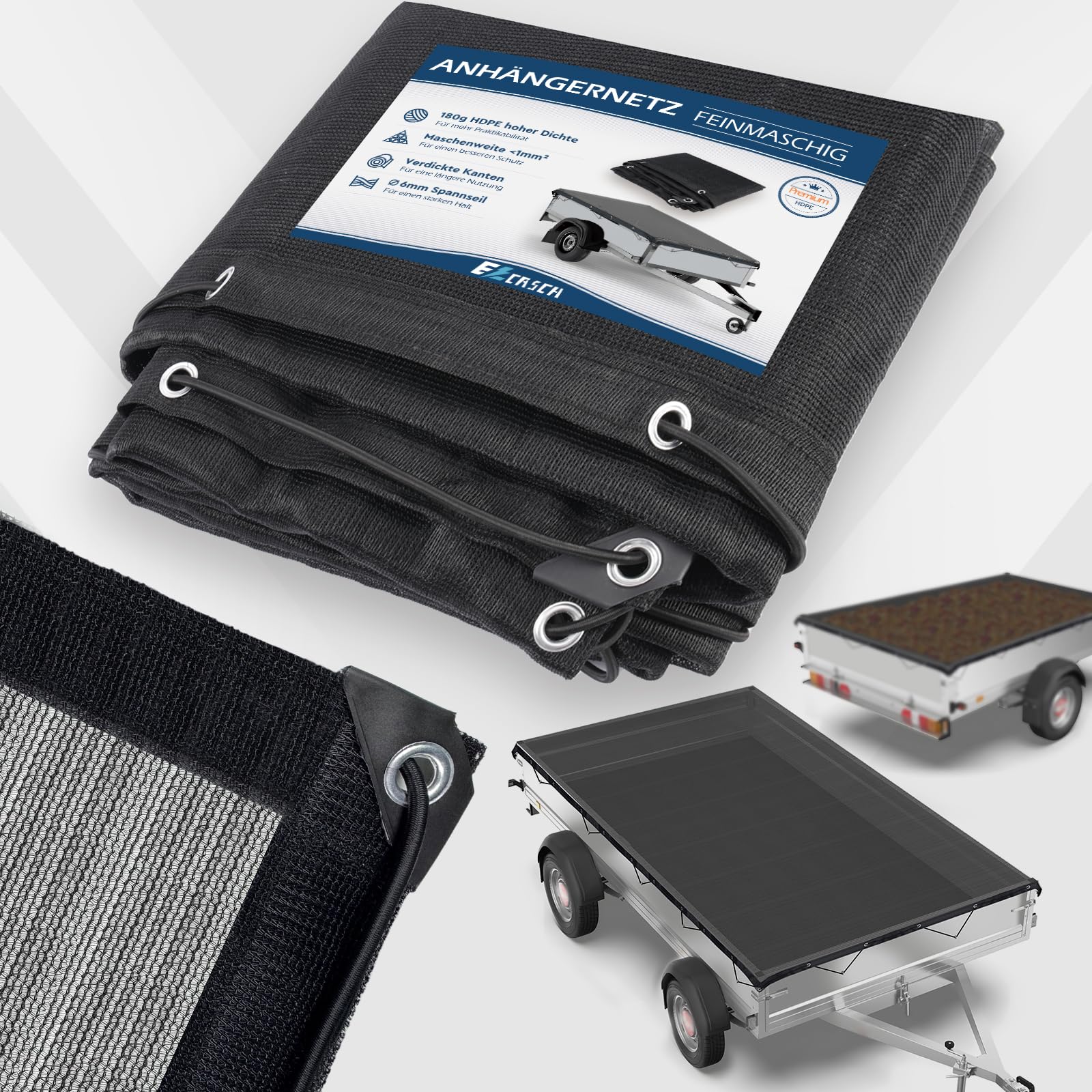 Ezcasch Anhängernetz Feinmaschig 1,5x2,2m Abdecknetz mit Spannseil 180g/㎡ Hochdichtes Netz als Ladungssicherung für Anhänger, Schwarz