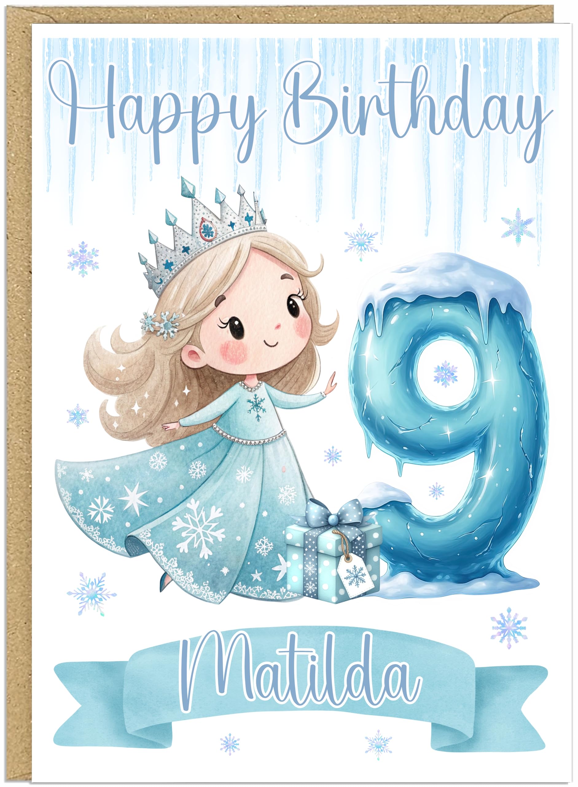 Personalised Winter Princess Happy Birthday Card with Age 1-9 - Custom Own Name & Own Age Number Balloon Blonde Ice Queen Crown Gifts A5 Greetings Card For Little Girls (Number 9)