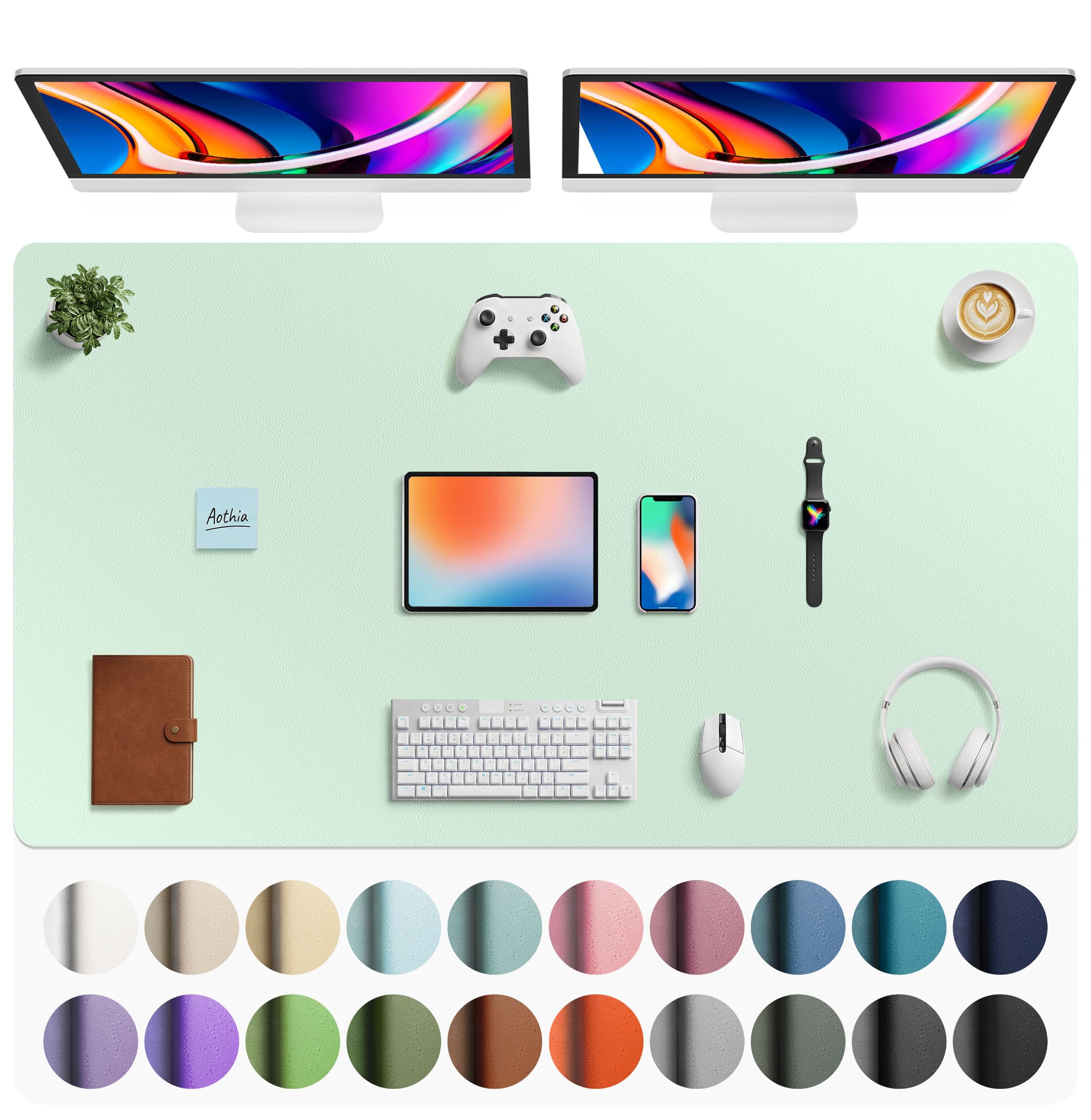 Aothia Faux Leather Desk Mat - Large Mouse Pad, Non-Slip PU Leather Blotter, Waterproof Writing Surface for Office and Home (Aqua, 63" x 24")