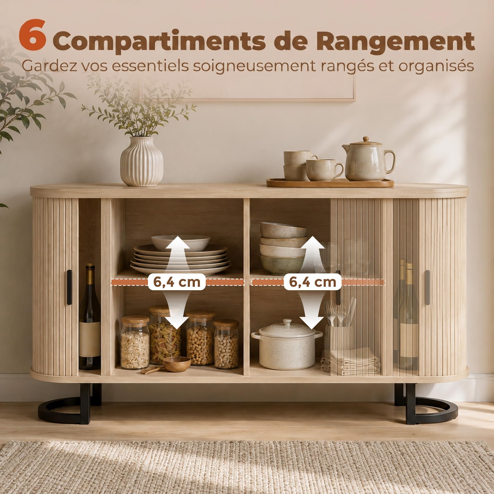 HOMCOM Sideboard ovale 2 ante scorrevoli 140x40x75cm legno naturale | Mobile contenitore, ripiani regolabili, supporto TV fino a 60 pollici, stile moderno, buffet per cucina e sala da pranzo