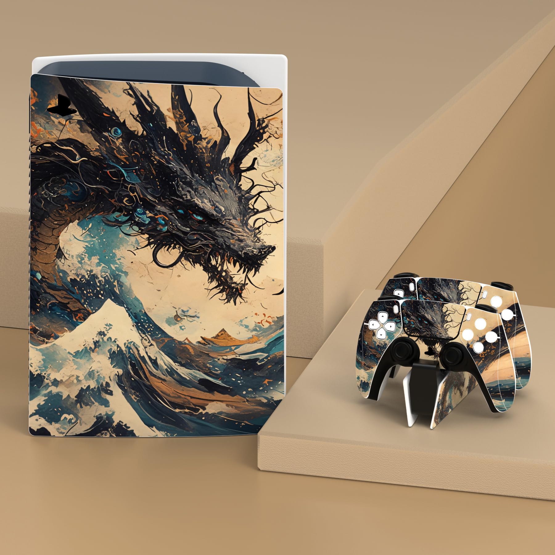 playvital Autocollants Proetction pour ps5 Manette Accessoire,Sticker Skin Decal pour ps5 Standard Console & Controller & Télécommande & Casque & Station de Charge-Dragon Tempête