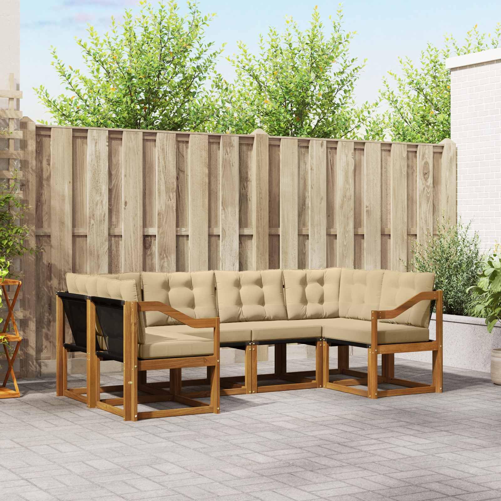 Juego de 6 sofás de exterior natural y beige de madera maciza de acacia con textileno para jardín, terraza y zona de piscina con cómodos cojines y fundas extraíbles