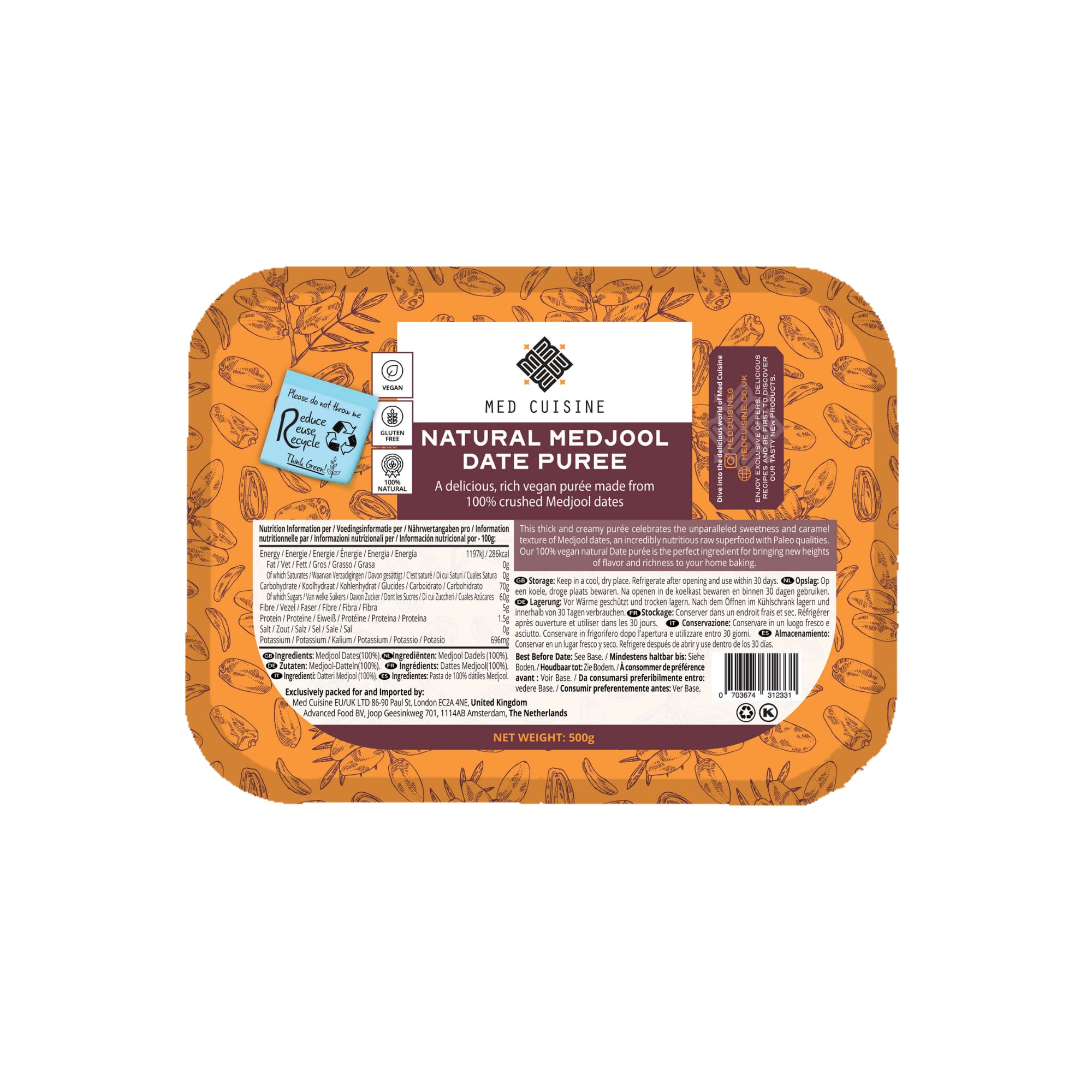 Med CuisinePremium Natural Medjool Date Puree - 1 PACK - Vegan, Plant Based, No Preservatives, Paleo Friendly, Good Source of Fiber - PROMO - BBD 02.02.2024