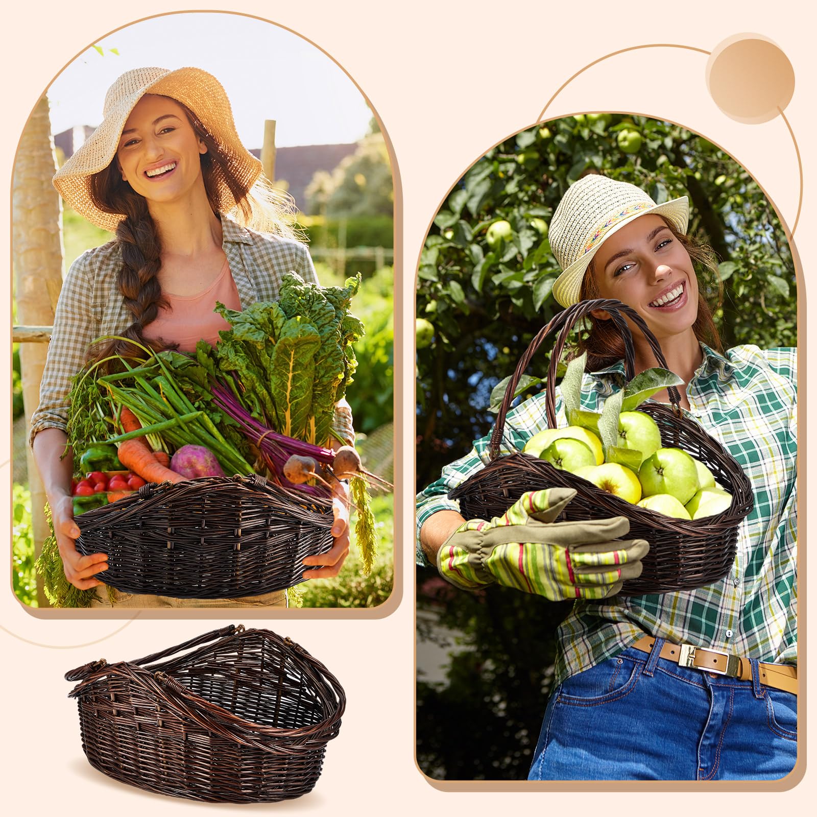 Juexica Weidenkorb mit Griff, 2 Größen, handgewebt, Erntekorb, antiker Sammelkorb für Ostern, Garten, Picknick, Blumen, Obst, Aufbewahrung, Organisation, Geschenk, Dunkelbraun, 2 Stück