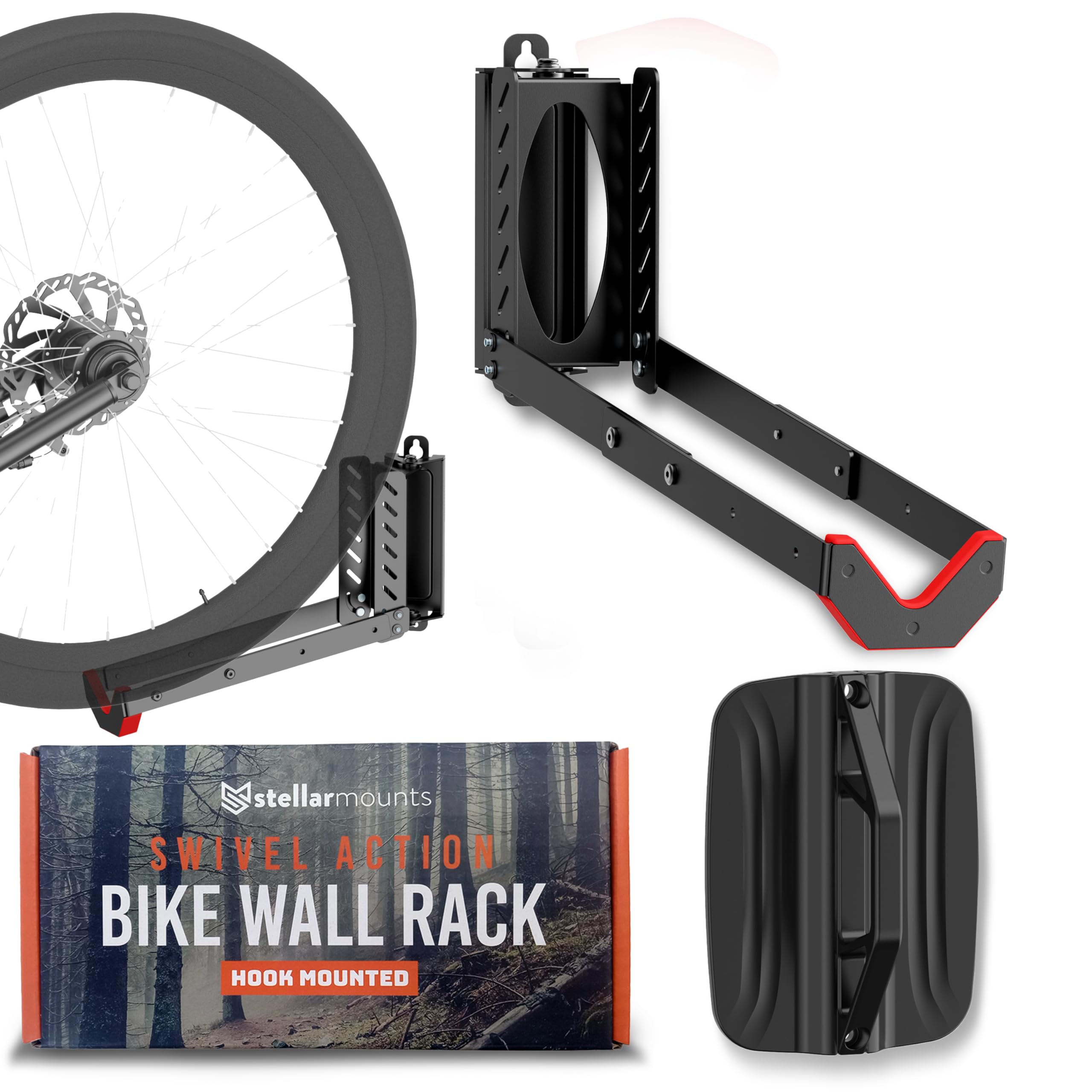 Heavy Duty Swivel Bike Wall Mount Bracket - Holds Up to 77 lbs - Adjustable Slotted Wheel Bay - Premium Materials - Folds Up When Not In Use - Hangs on any wall Indoor/Outdoor, Black/Red