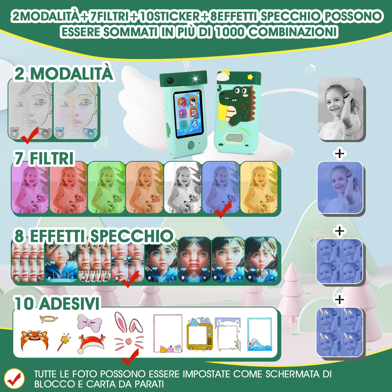 Telefono Per Bambini, ZUEOKAI Macchina Fotografica Bambini Touchscreen, 180° Obiettivo, Video 1080P con Custodia Silicone, Regali di Natale e Compleanno per Bambini, Regalo Bambina 3 4 5 6 7 8 Anni